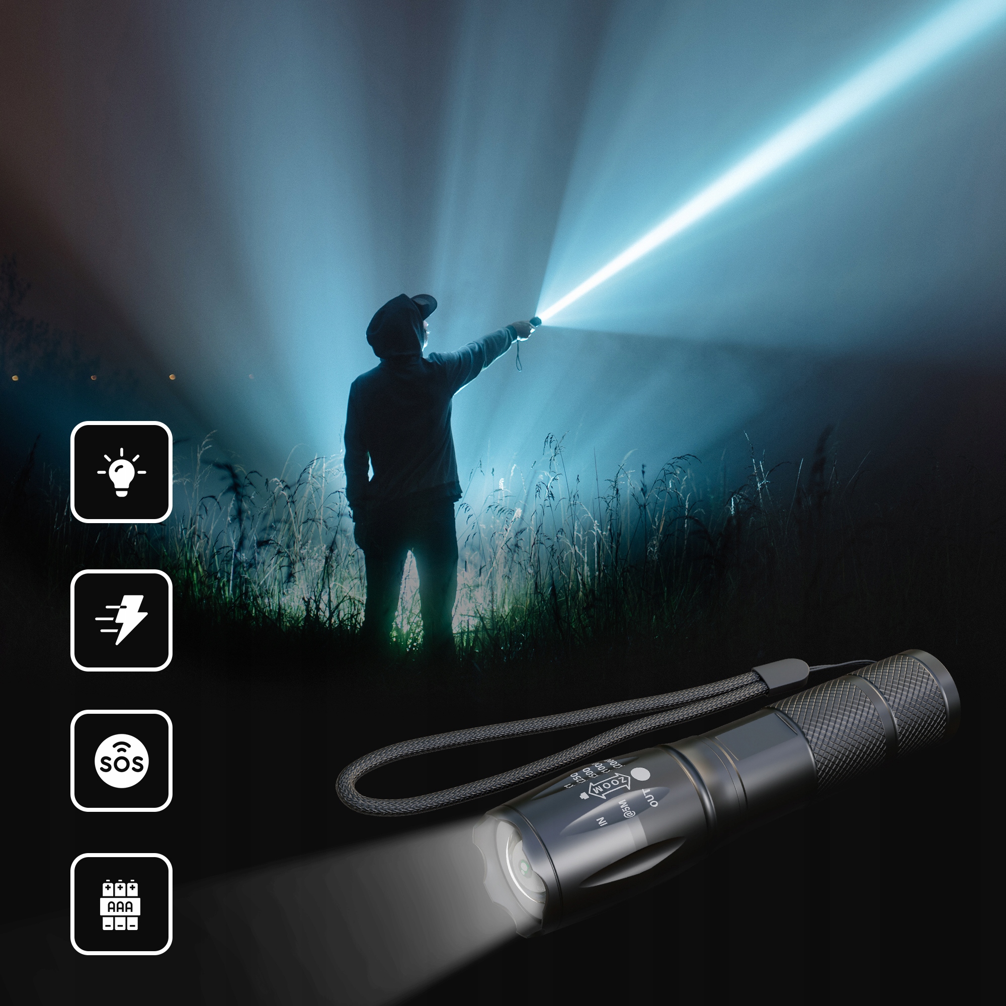 LATARKA WOJSKOWA TAKTYCZNA SUPER MOCNA USB ZOOM Zasilanie baterie