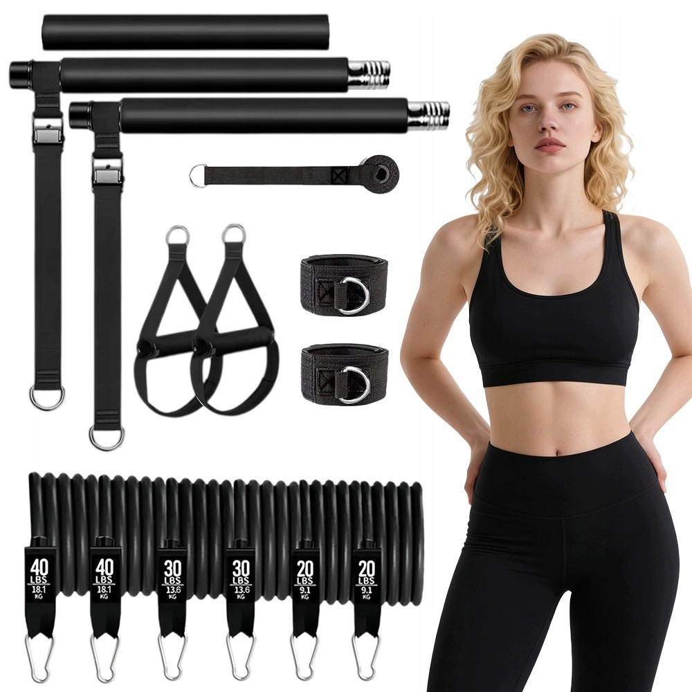 Zestaw Do Pilatesu Kij Drążek Treningowy Taśmy Oporowe 180 Lbs Zestaw