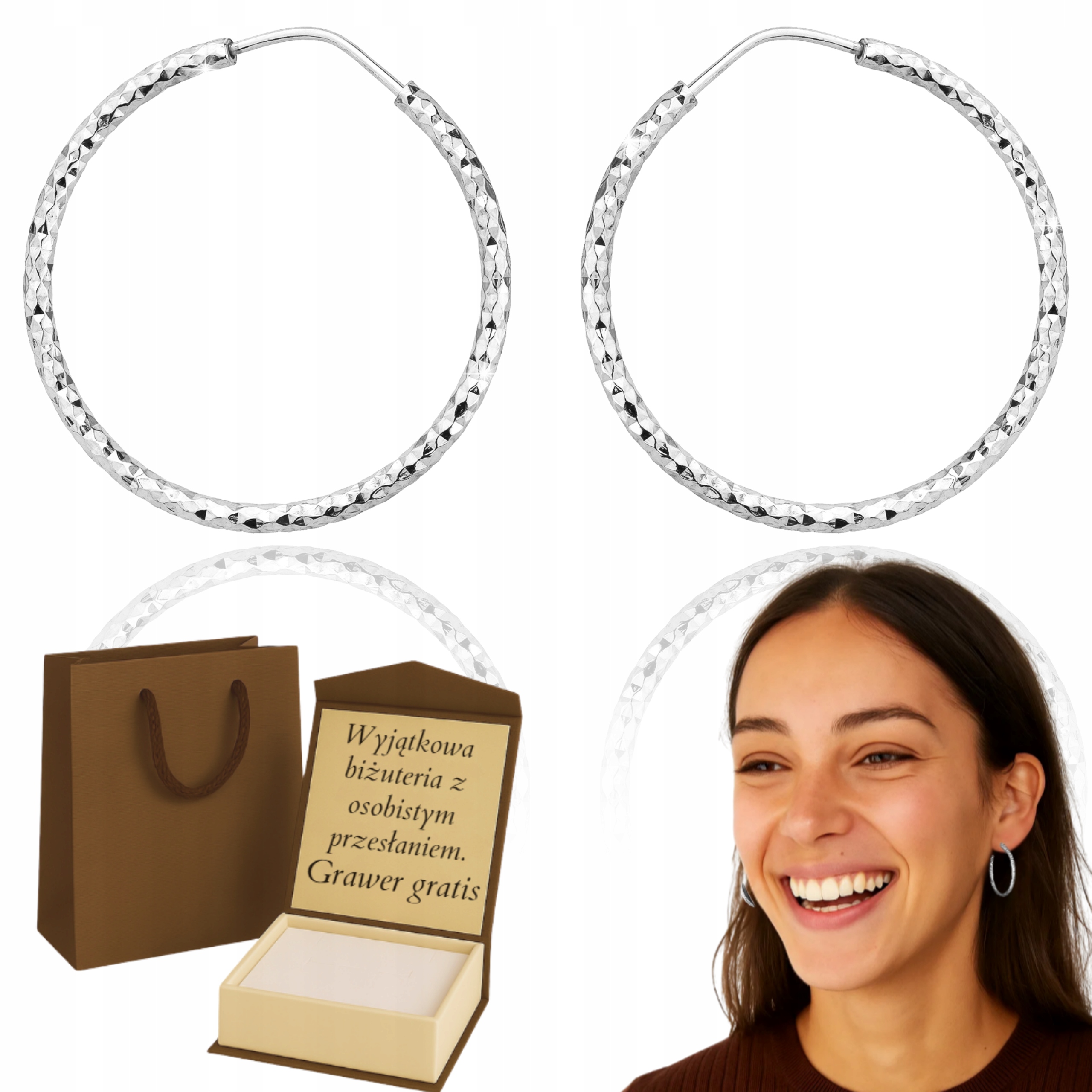 Stříbrné Náušnice Dámské Kulaté Diamantové 2,7 CM Kruhy Pr 925 Gravírování