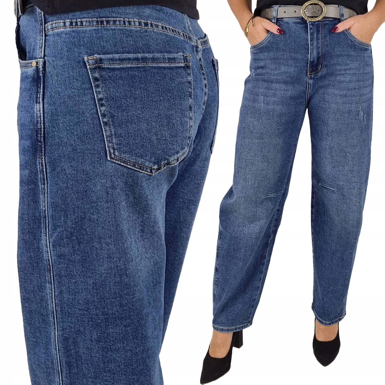 M.Sara Dámské džínové kalhoty Balloon s vysokým pasem, modré oděrky