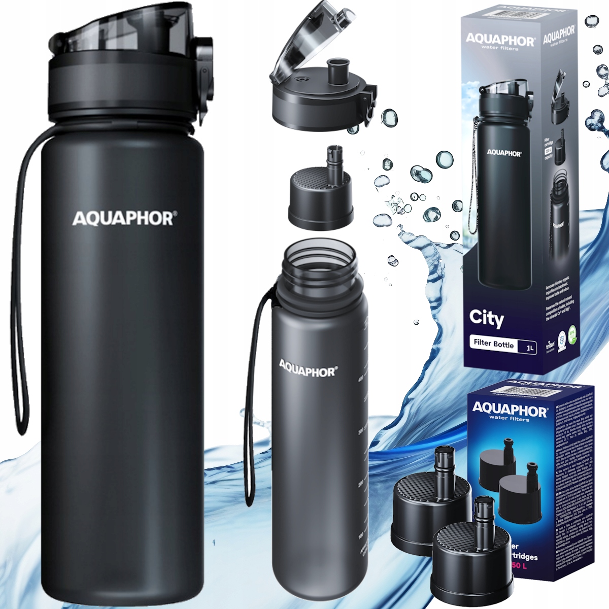 Sada Aquaphor City filtrační láhev černá 1 l 3 x filtr na vodu