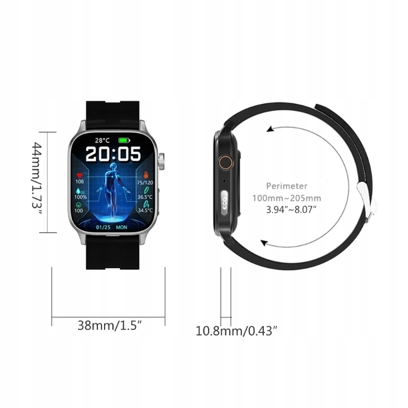 Smart Watch Heart Rate Blood Monitor Pressure Materiał paska guma
