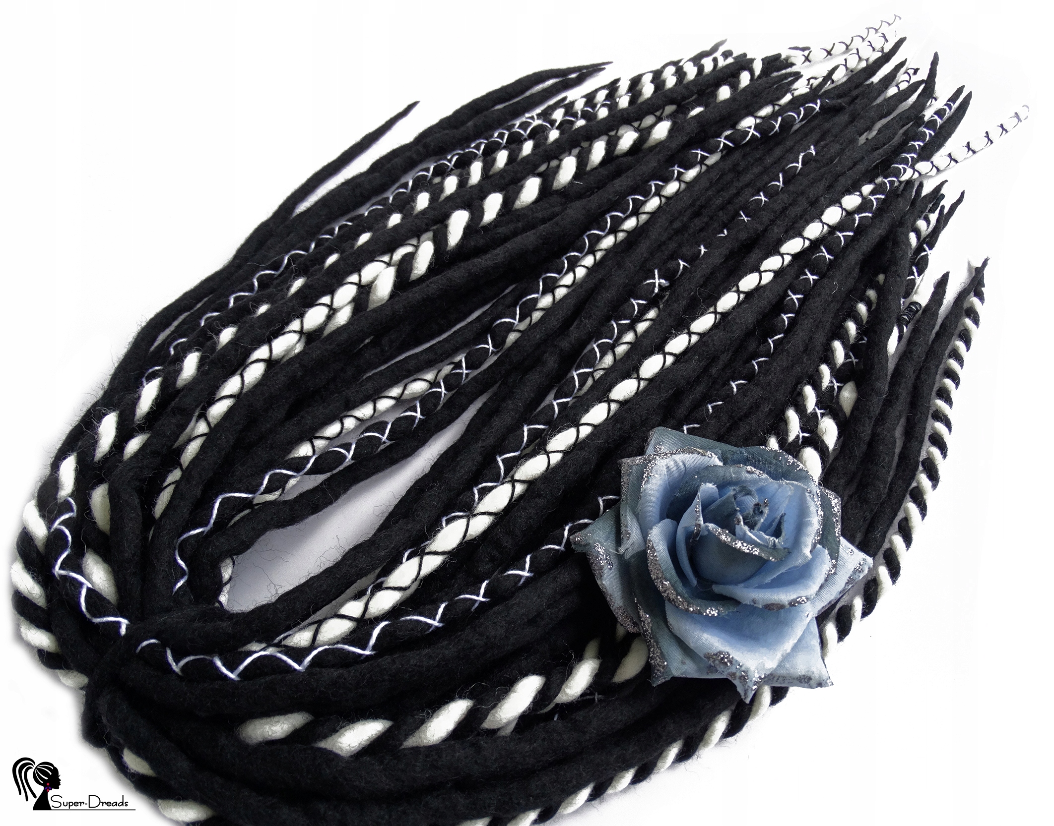 Dredloky Dredy Vlněné ručně vyráběné, černé bílé, Černé A Bílé, 40 kusů