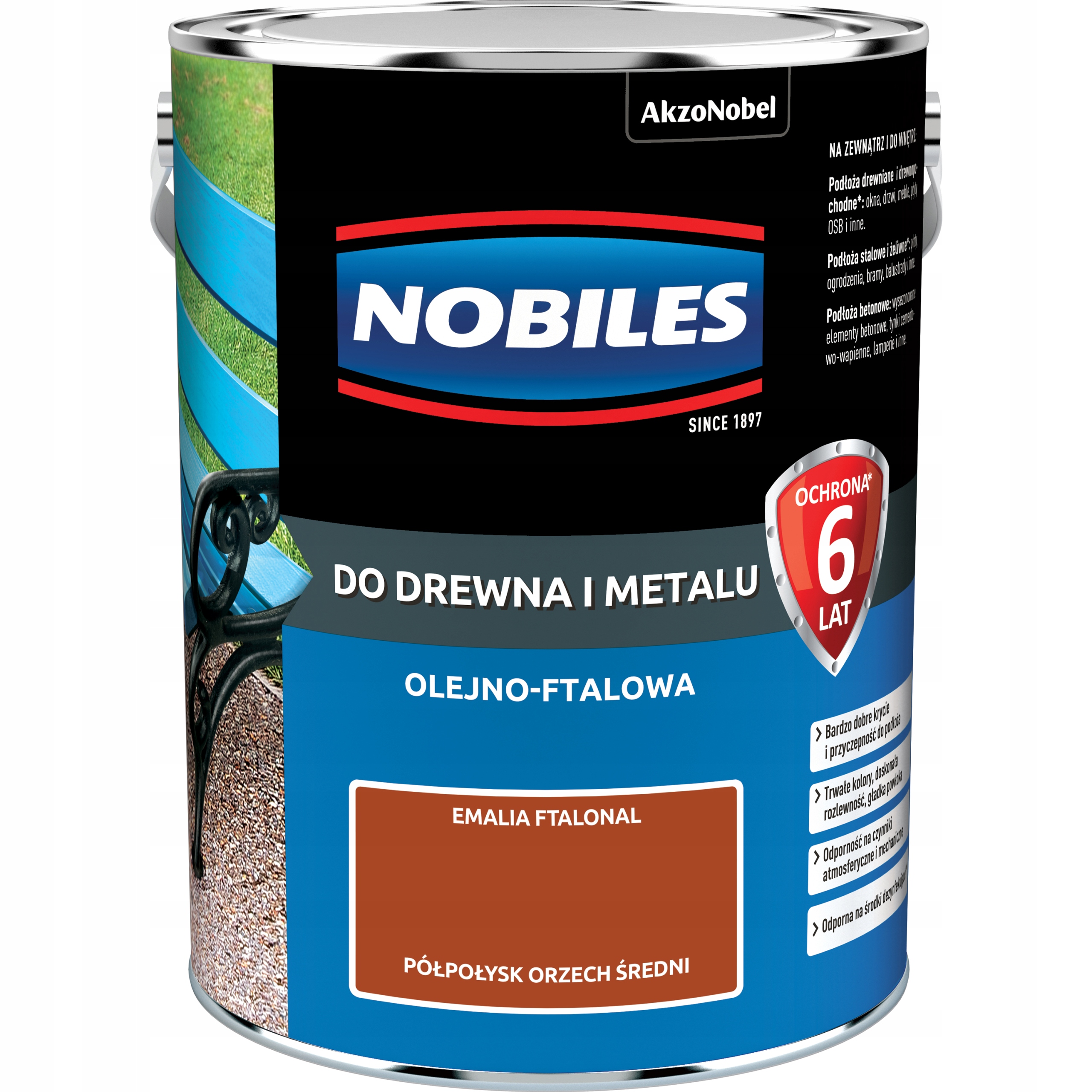 Nobiles Ftalonal Emalia do drewna i metalu Orzech Średni Półpołysk 5L