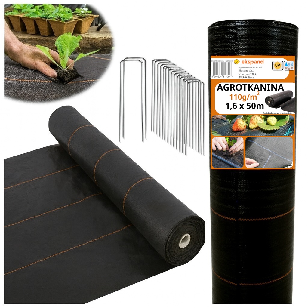AGROTKANINA 110g 1,6x50m AGROWŁÓKNINA czarna UV antychwastowa mata +SZPILKI