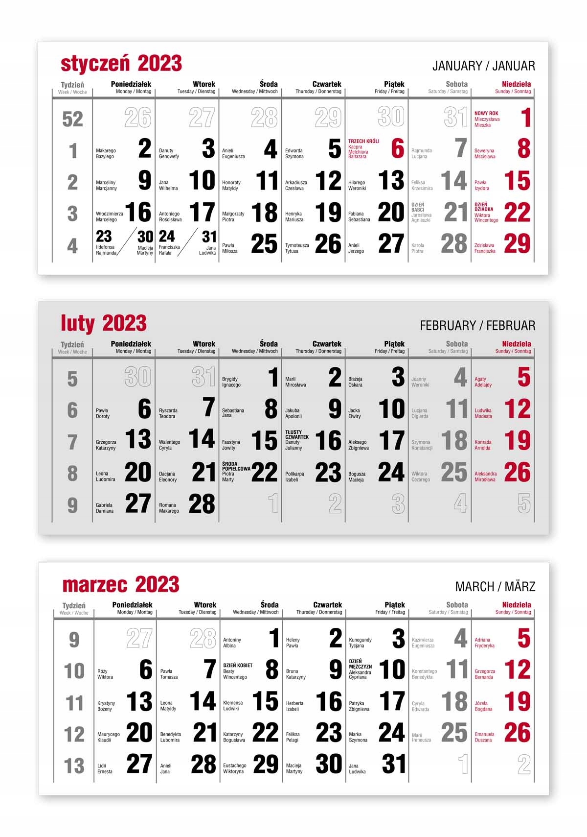 KALENDARZ TRÓJDZIELNY FIRMOWY ŚCIENNY WYPUKŁY 50sz Rodzaj trójdzielne