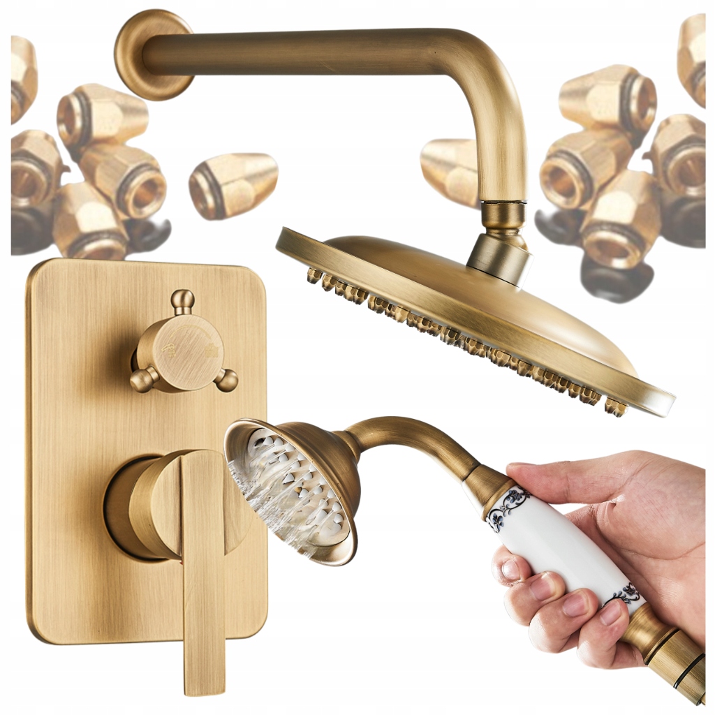 Zlatý podomietkový sprchový set s dažďovou sprchou a slúchadlom Retro Mosadz