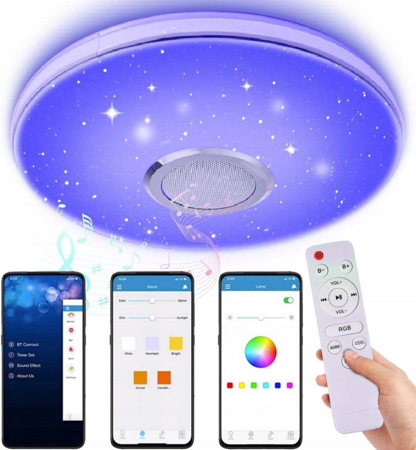 Stropní Svítidlo Rgb S Bluetooth Led Reproduktorem 60 W S Dálkovým Ovládáním Aplikací App
