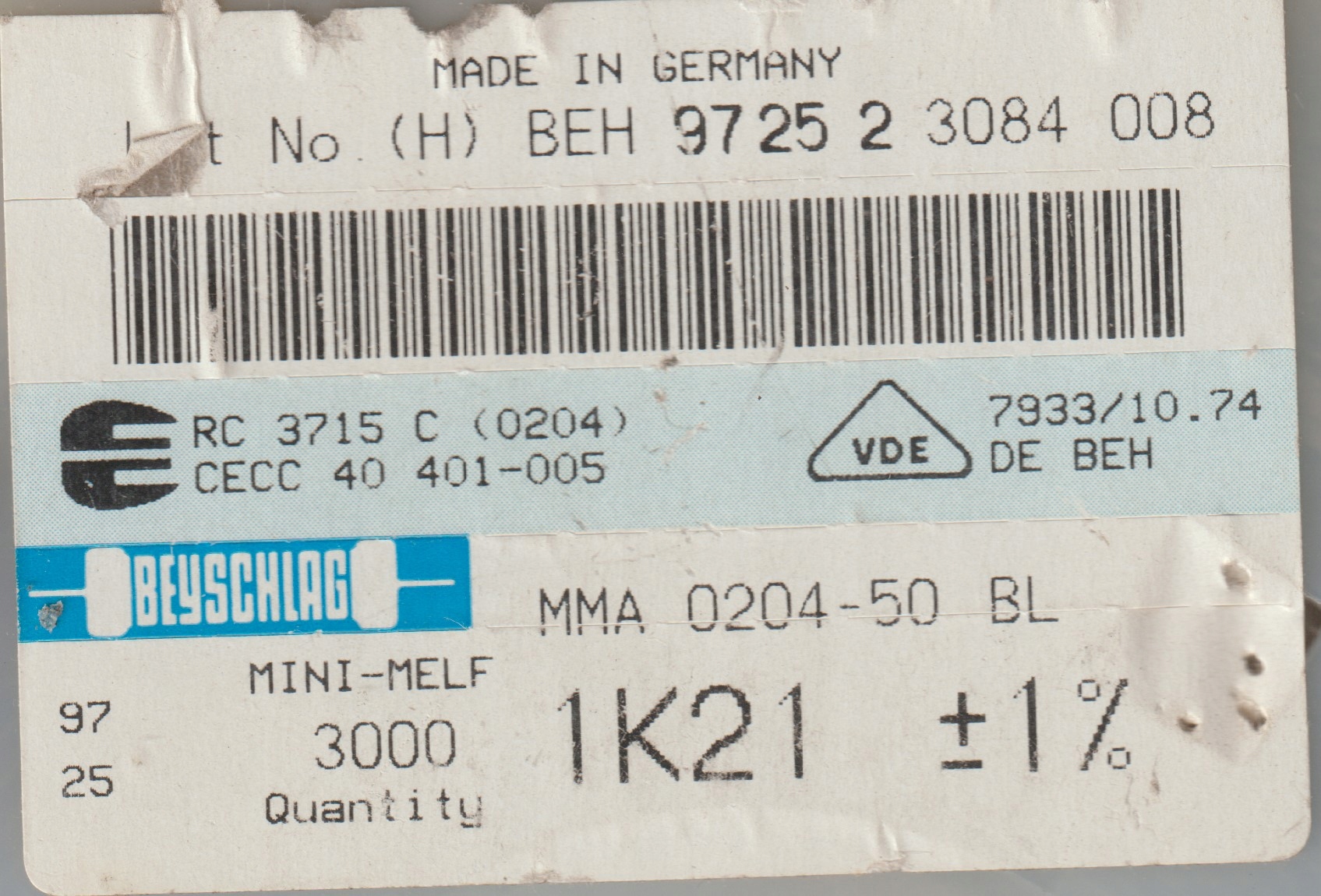 [100szt] 1K21 1% 50ppm rezystor Smd minimelf MMA0204 Beyschlag low noise