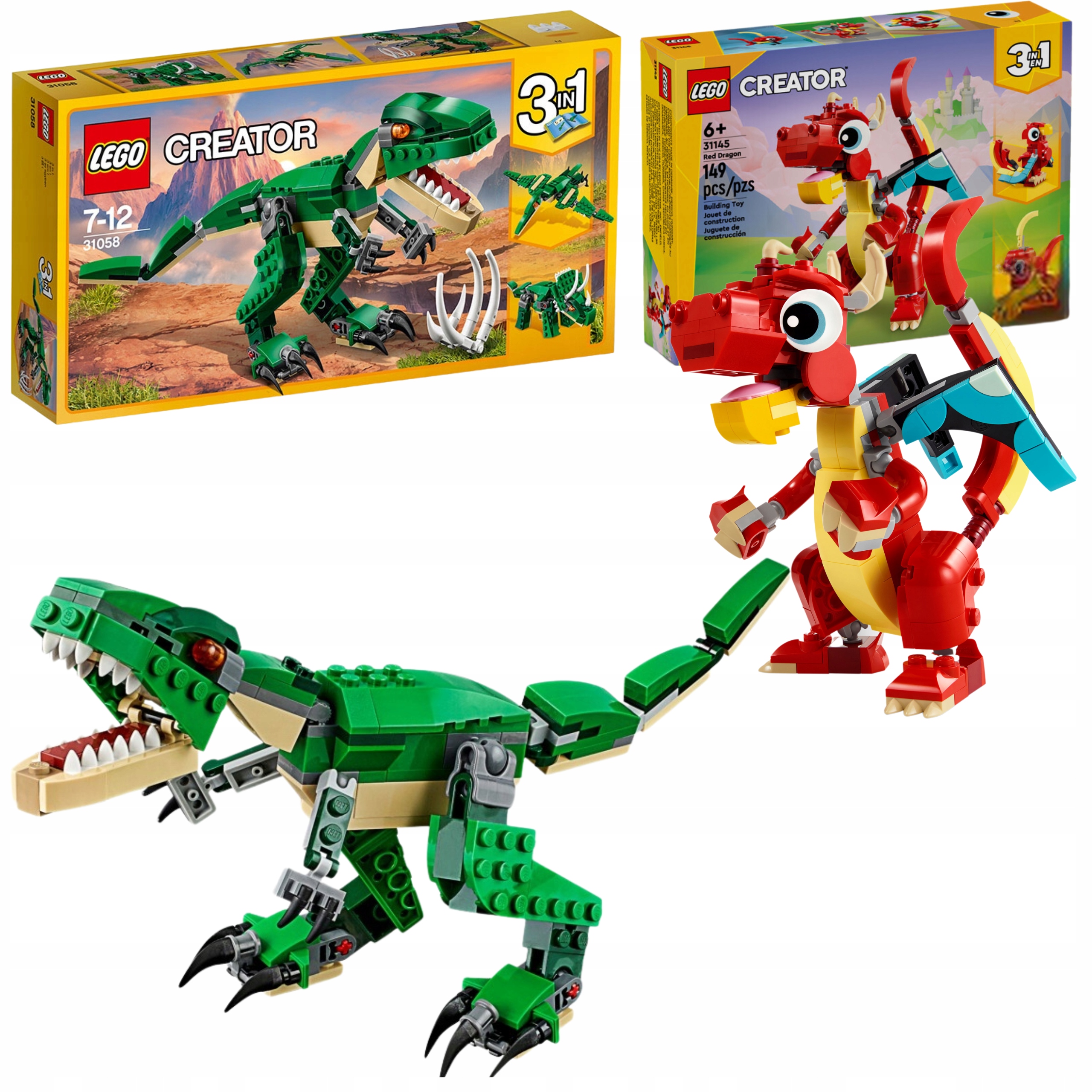 Lego Creator 3 w 1 31058 Potężne Dinozaury Czerwony smok 31145 Zwierzęta
