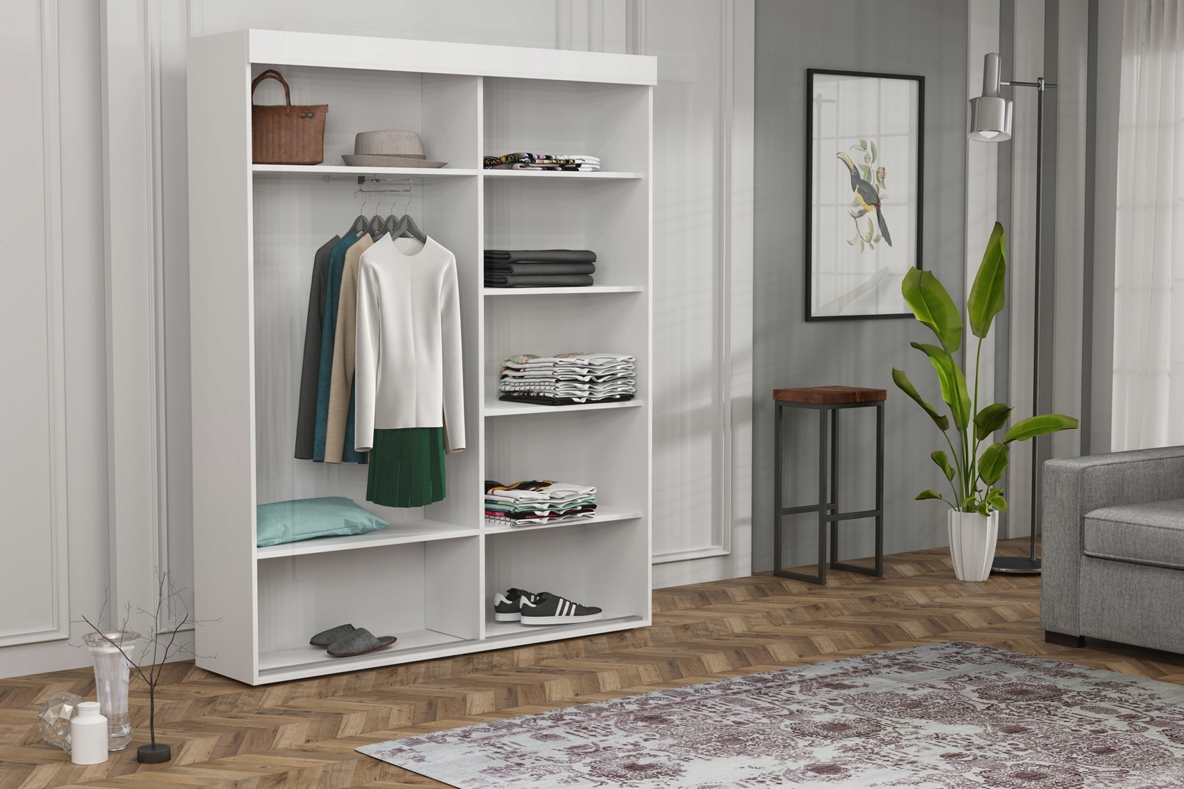 Stylowa Szafa SLIM Przesuwna ALLAM ALU LUSTRO 130X202X45.5 Biała Wąska Głębokość mebla 45.5 cm