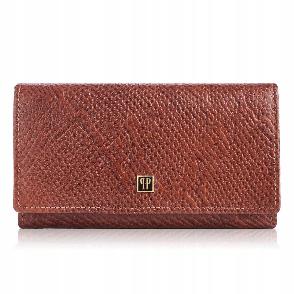 Portfel damski skórzany Paolo Peruzzi, brązowa skóra tłoczenie pyton Rfid