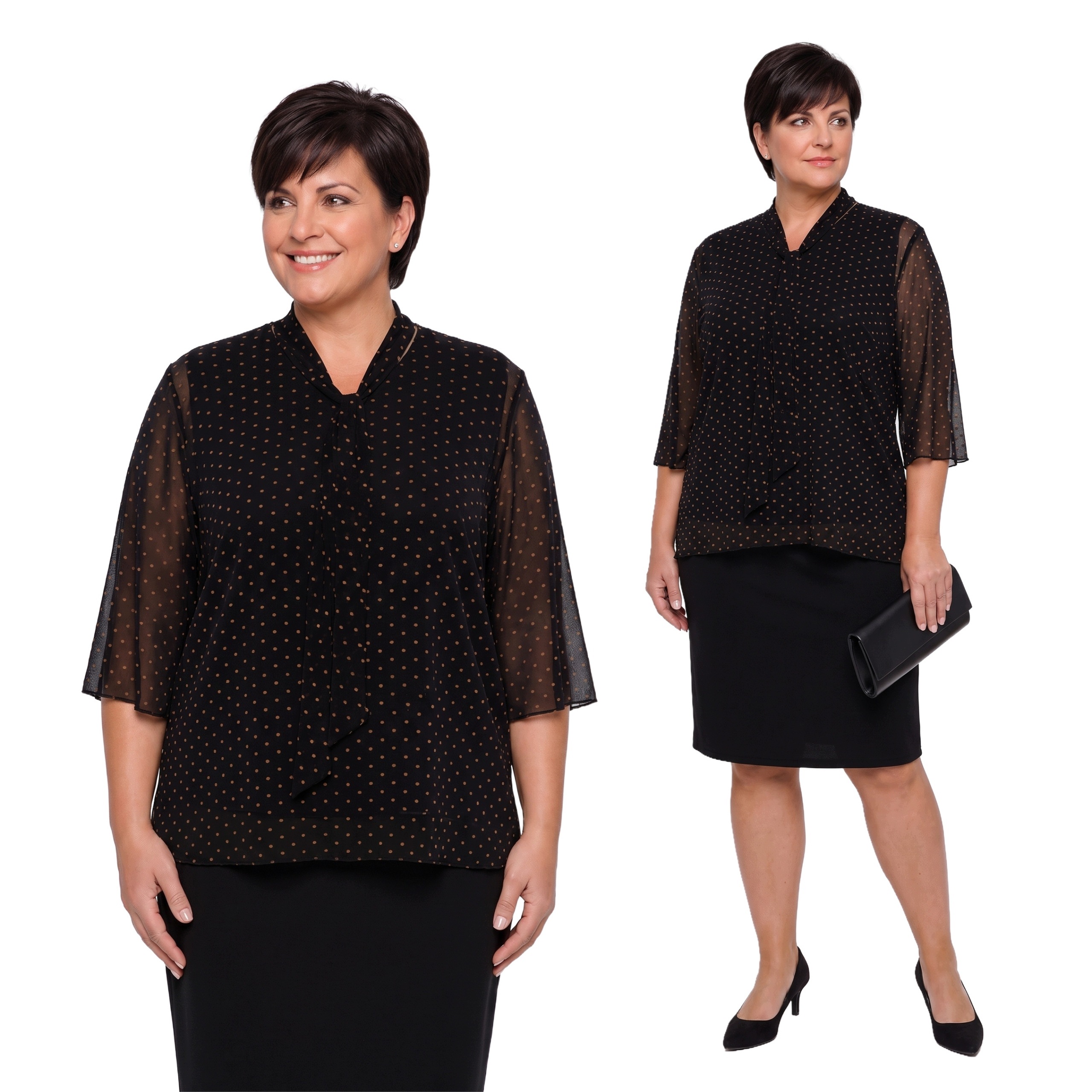 Černá halenka s velurovým zavazováním a puntíky plus size velikost 60