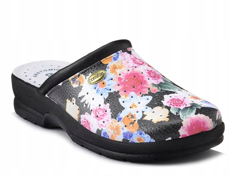 Klapki damskie medyczne sanitarne skórzane w kwiaty Comfooty Alessia 41