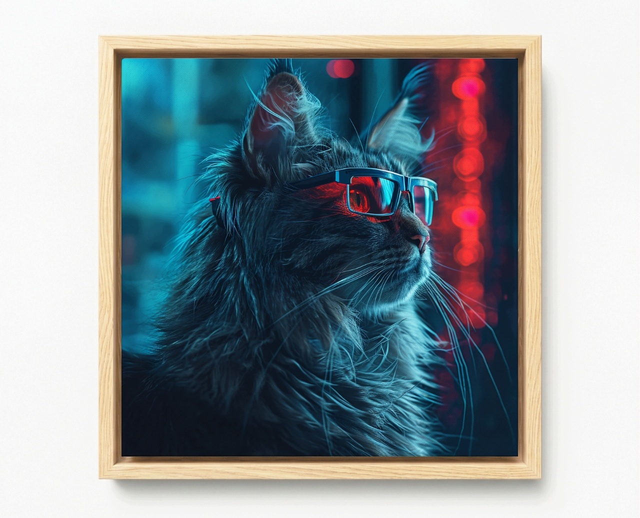 Obraz Rám American Box Mačka Kocur Okuliare Cyberpunk Nerd Techno Neon 60x60