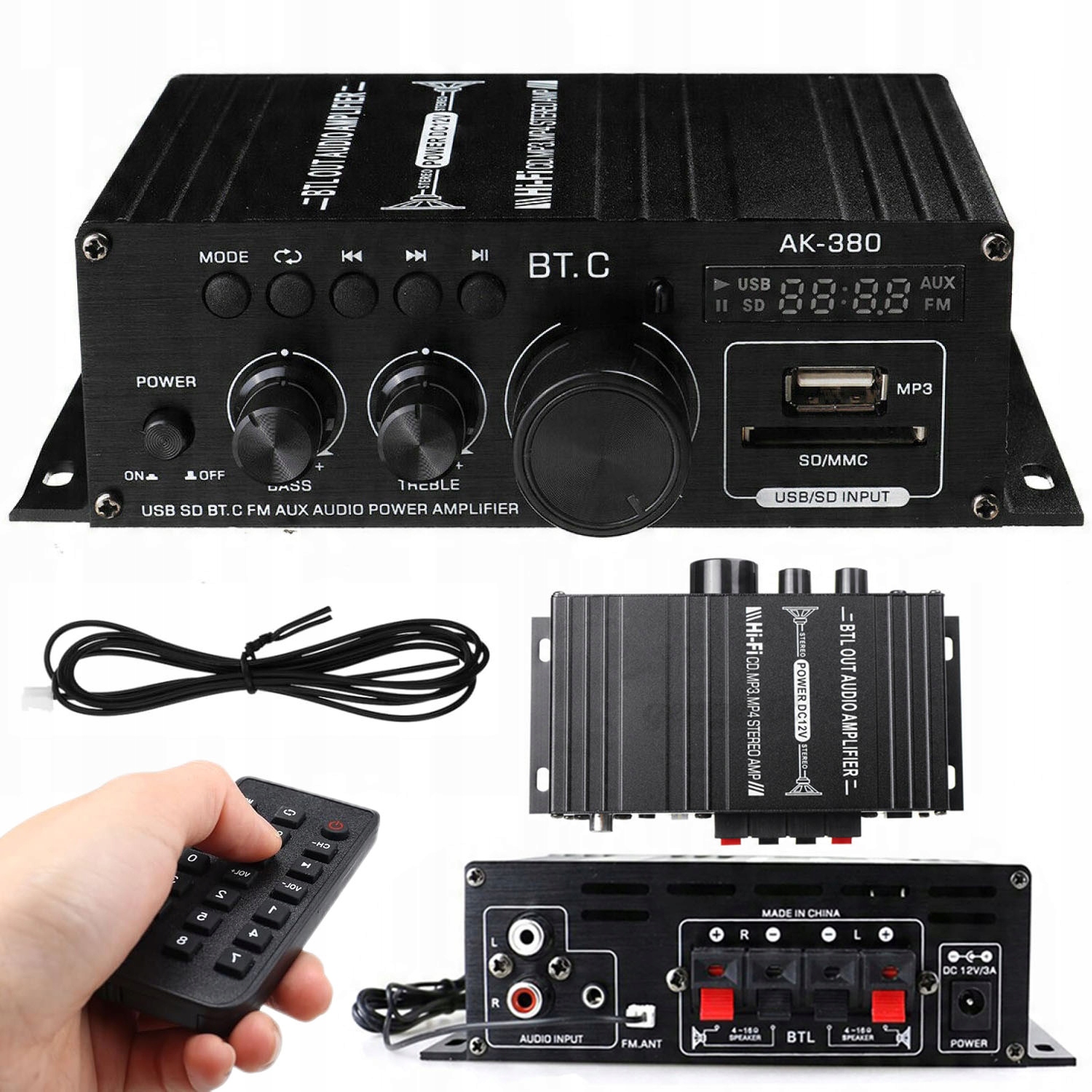 Wzmacniacz audio czarny Bluetooth 5.0 2-kanałowy z tunerem FM i pilotem