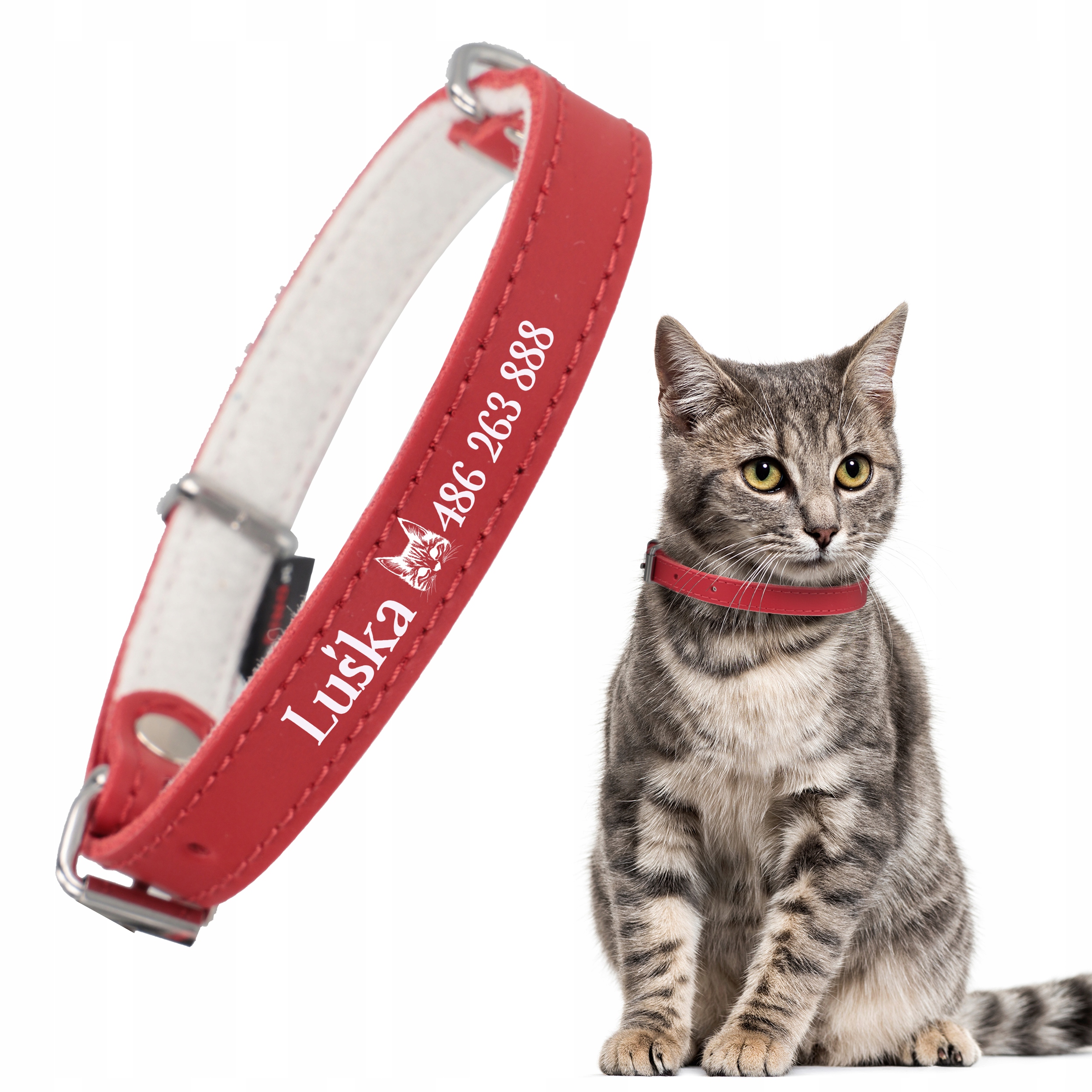 

Skórzana Obroża Czerwona Imię Telefon 40 cm