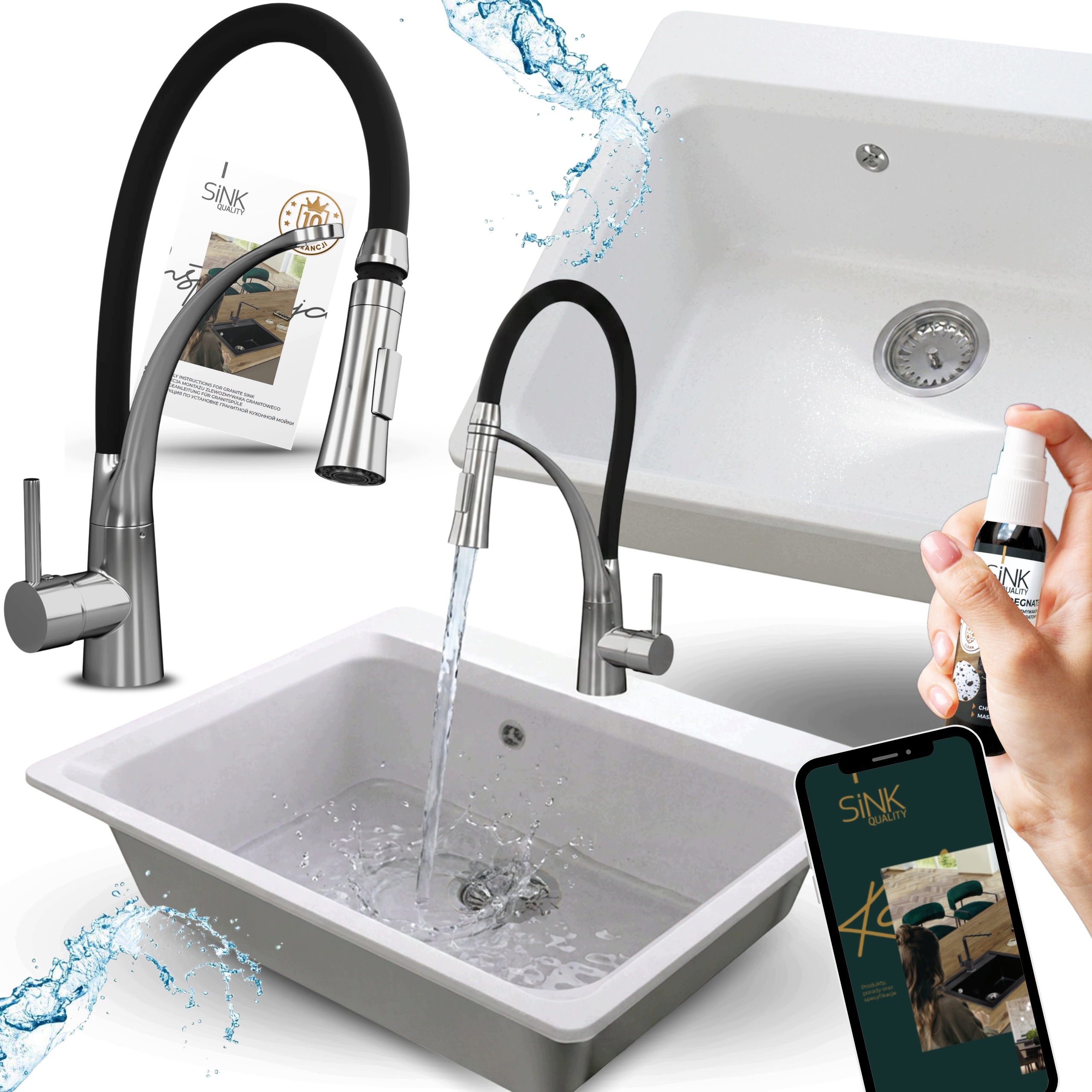Granitový dřez bílý Velký Kuchyňská baterie dávkovač Sifon impregnace