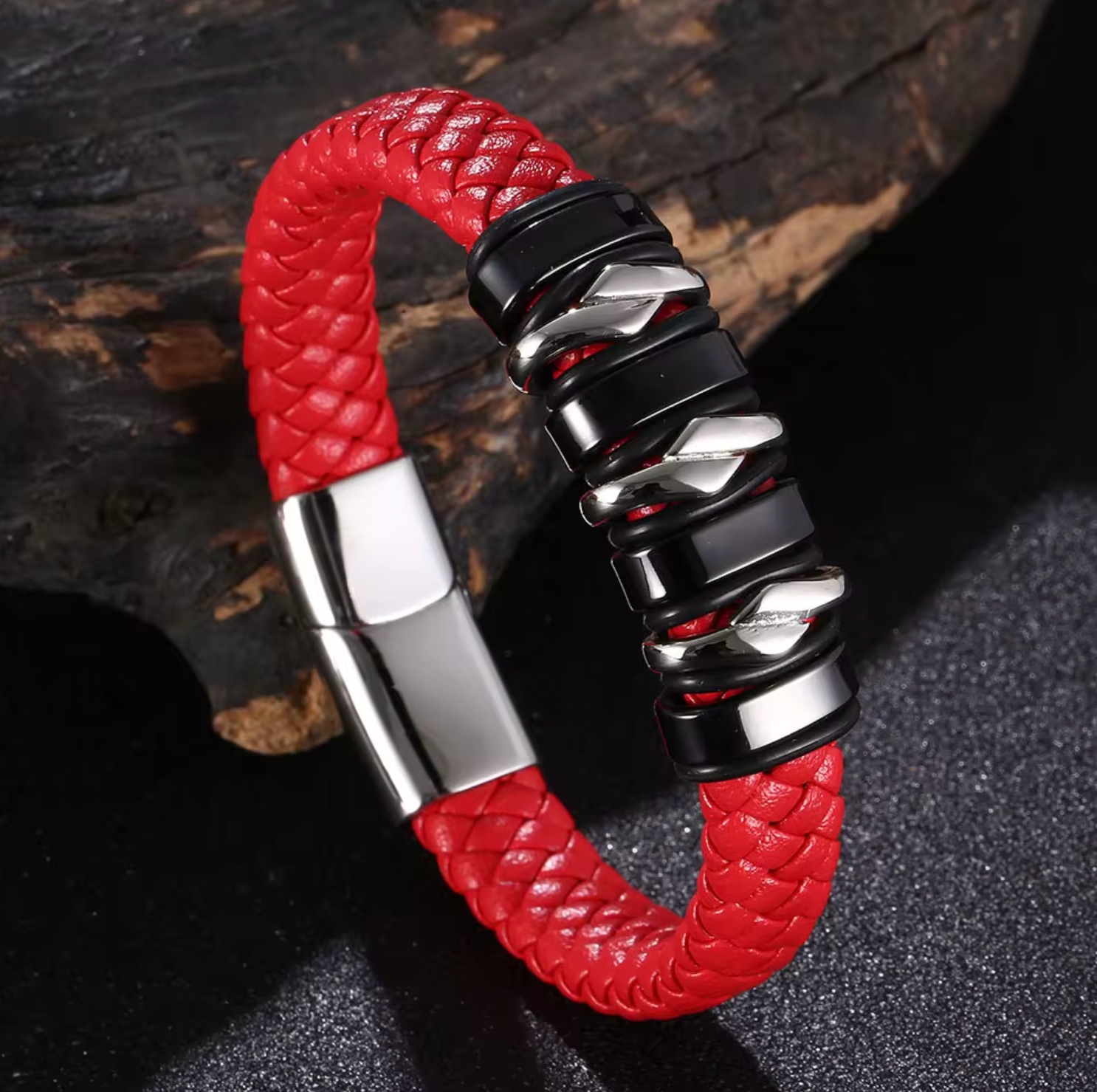 Kožený náramek z oceli Červená Černá Stříbrná Pevné zapínání Magnet