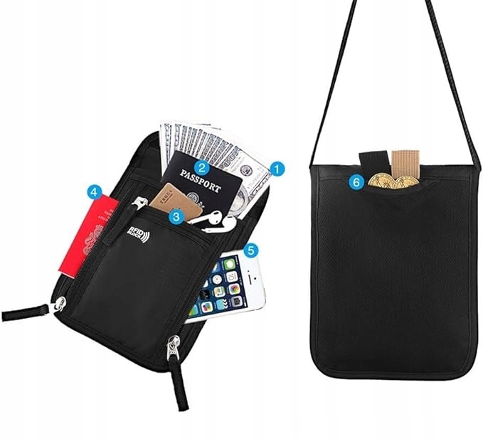 TORBA SASZETKA ANTYKRADZIEŻOWA NA DOKUMENTY PASZPORT PORTFEL TELEFON CZARNA Kolor czarny