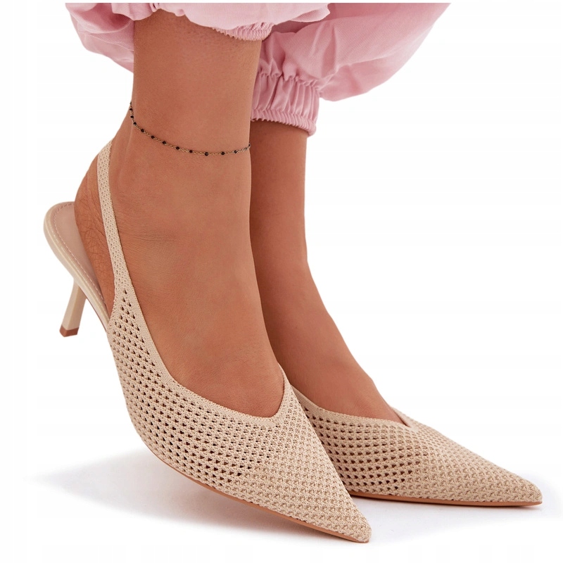 Sandały Damskie Na Szpilce Szpiczaste Noski Siateczkowy Materiał Beżowe 38