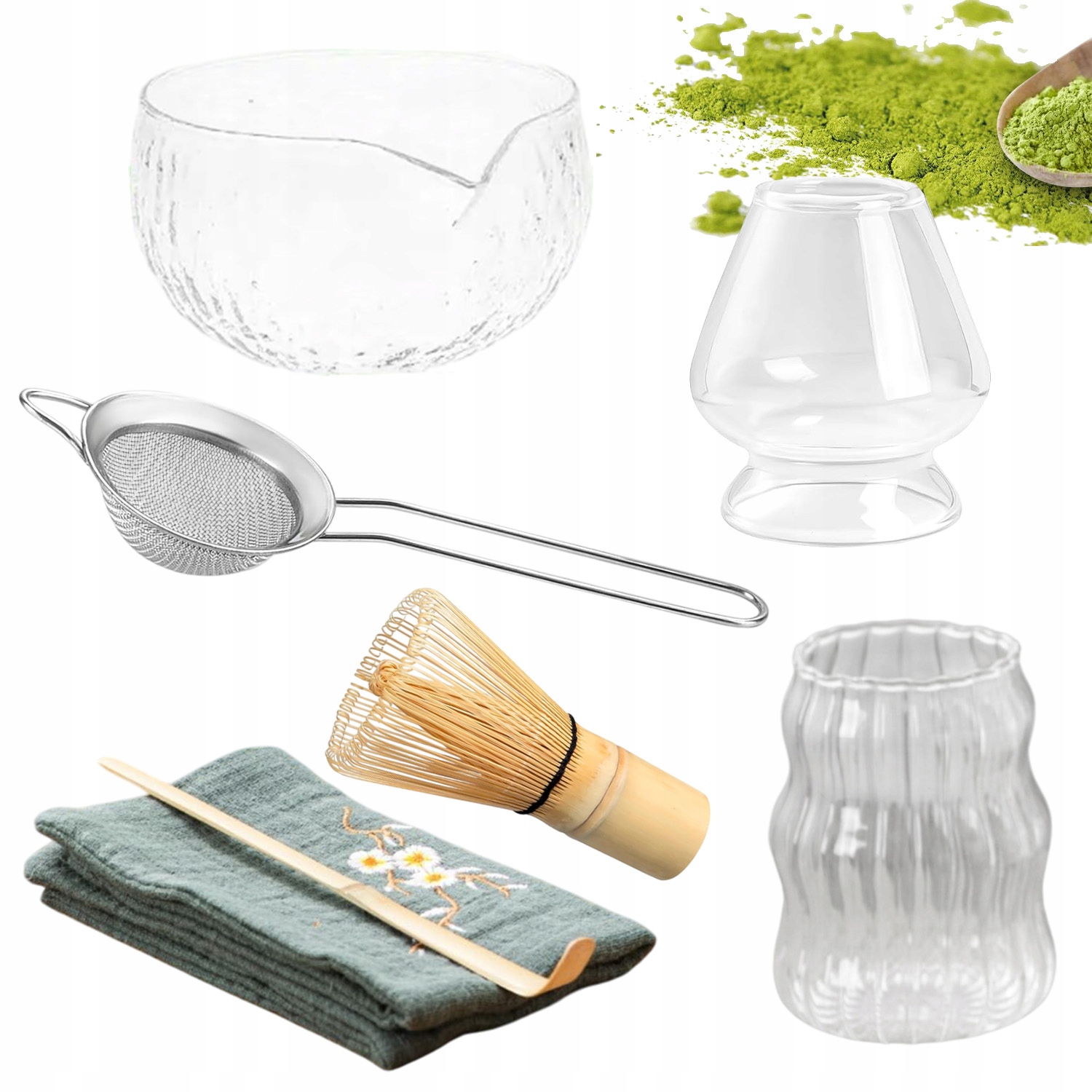 Levně Dárková Sada na čaj Matcha Šálek Metla Podstavec Lžička 7x