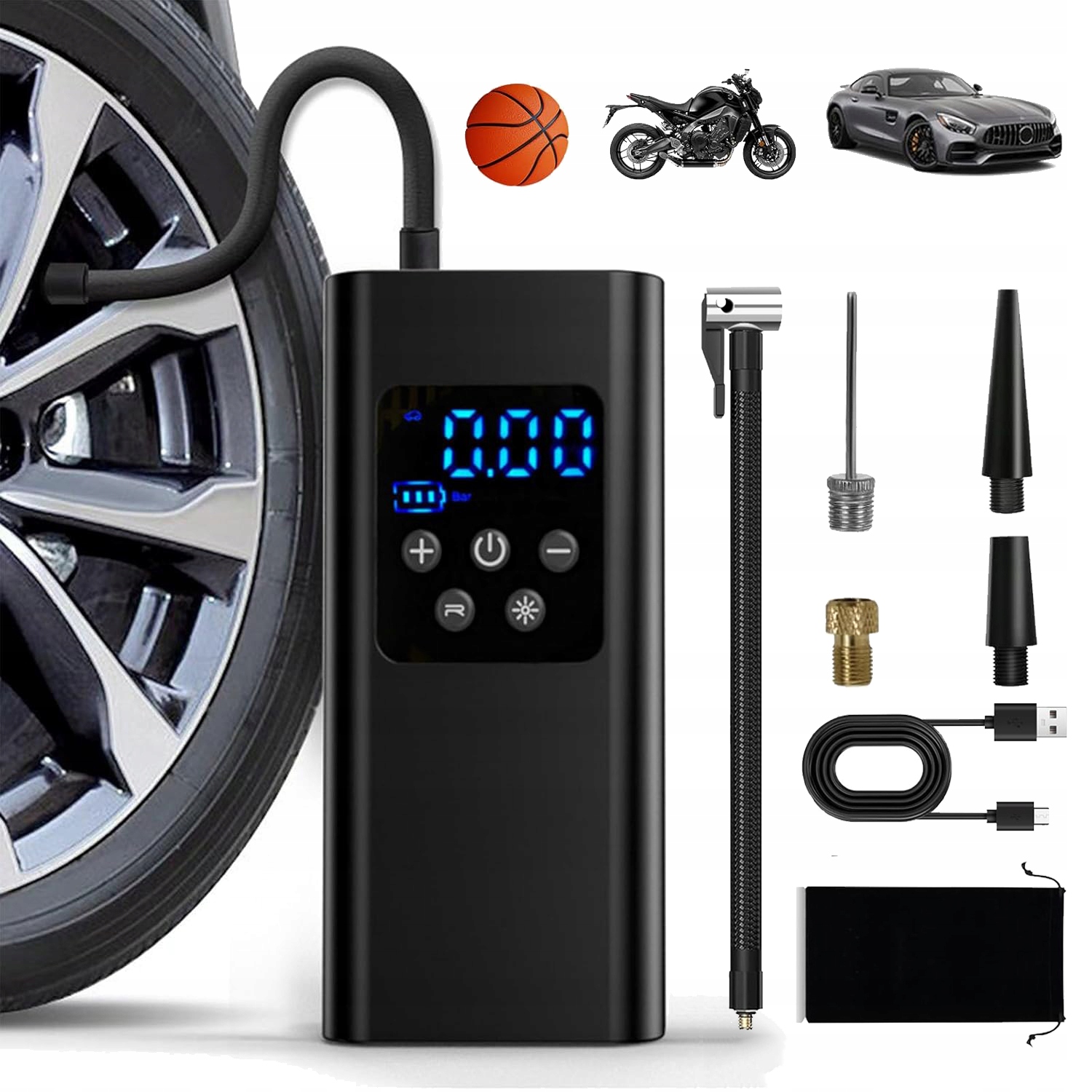 ELEKTRYCZNA POMPKA ROWEROWA DO ROWERU SAMOCHODOWA KOMPRESOR MOCNA + 3 DYSZE