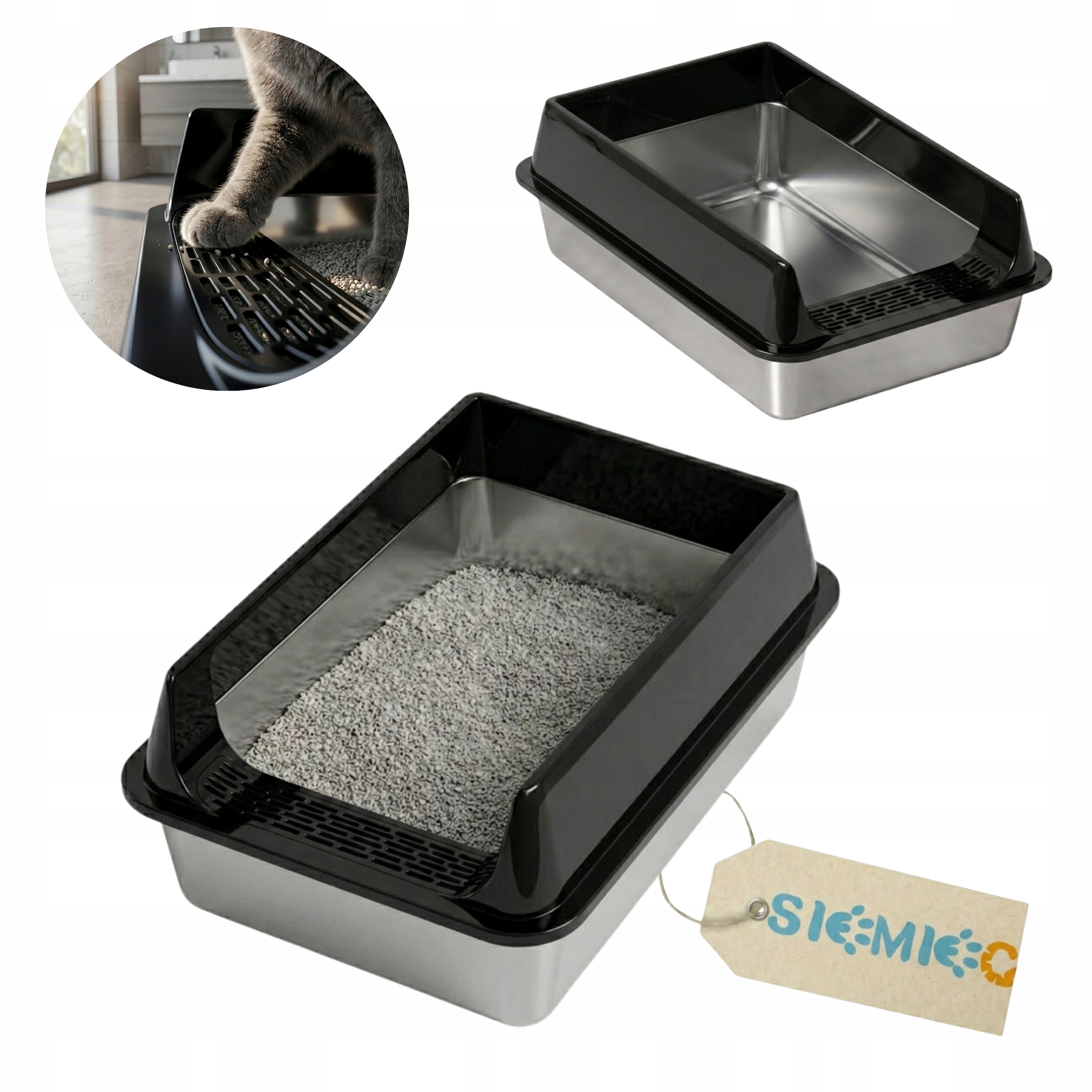 Otevřená Kočičí Toaleta Pro Kočky Velká Černá vel. L Na Stelivo Lopatka Bonus Siemiec