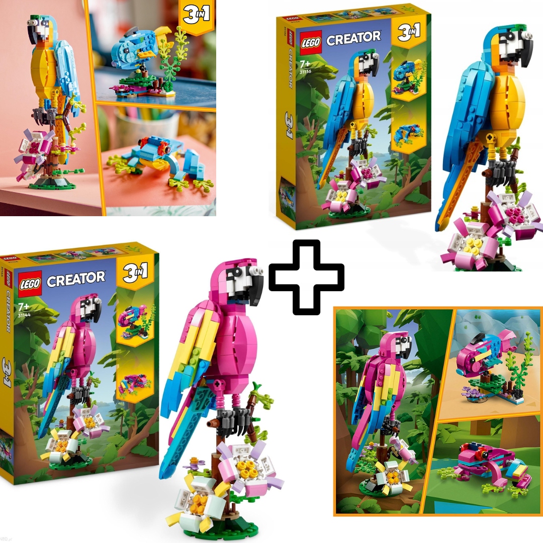Sada 2 Lego Creator 3V1 31136 Exotický Papoušek Modrý Růžový 31144
