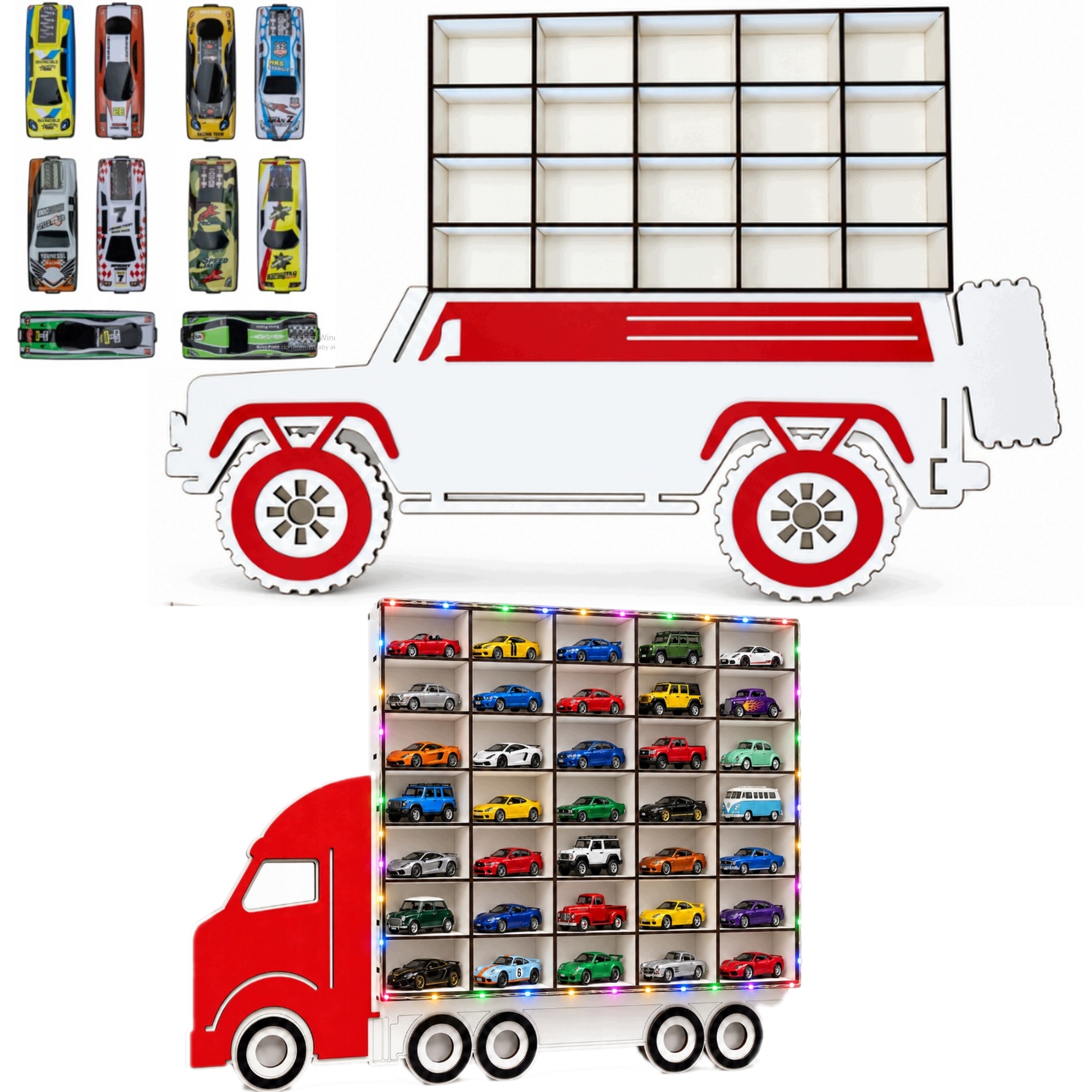 Terenowka+Ciężarówka Organizer na resoraki Autka Auto Mała Ledowy +10 Autek