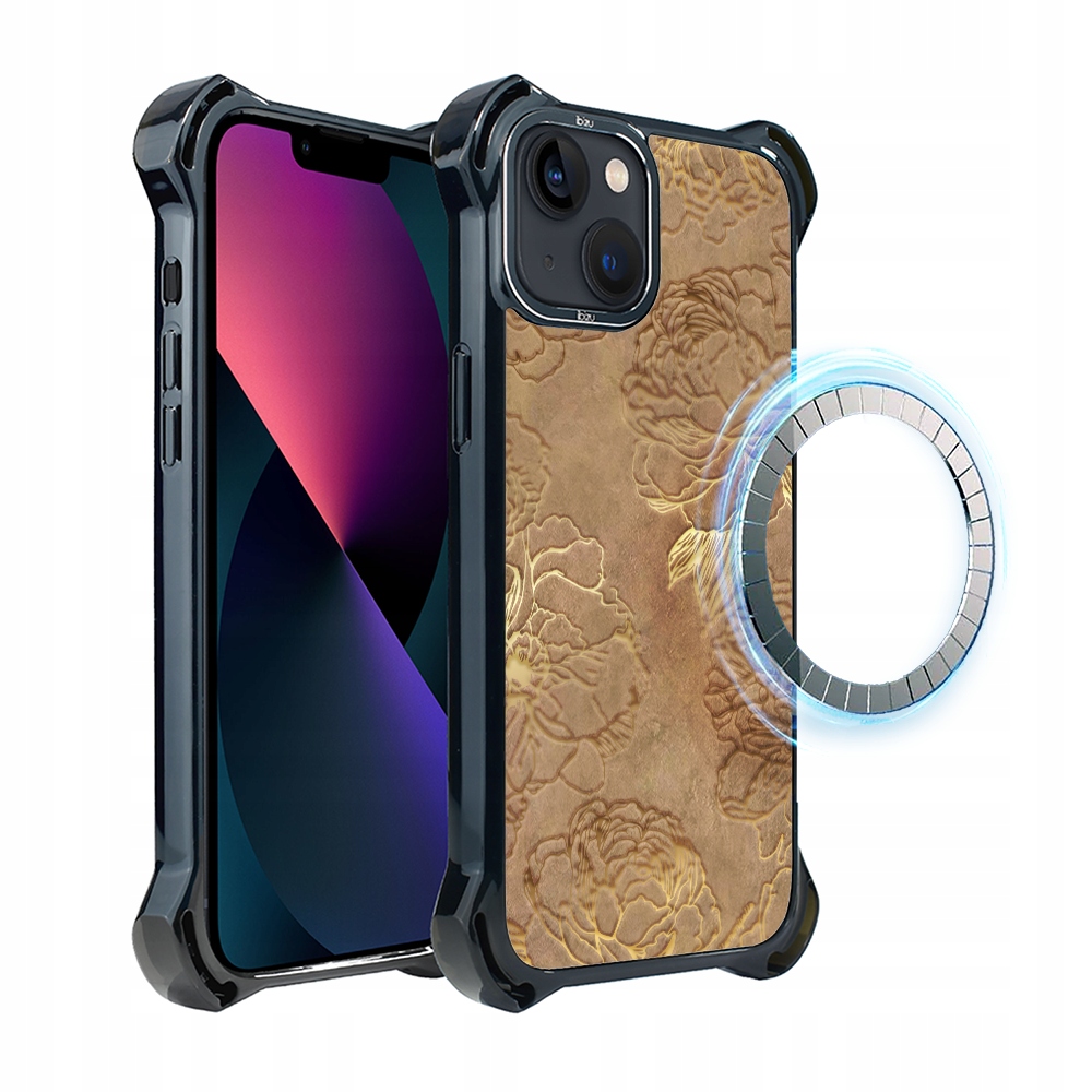 Pouzdro pro iPhone 13 Ibizu DropGuard Ultra s MagSafe, Zlaté pivoňky