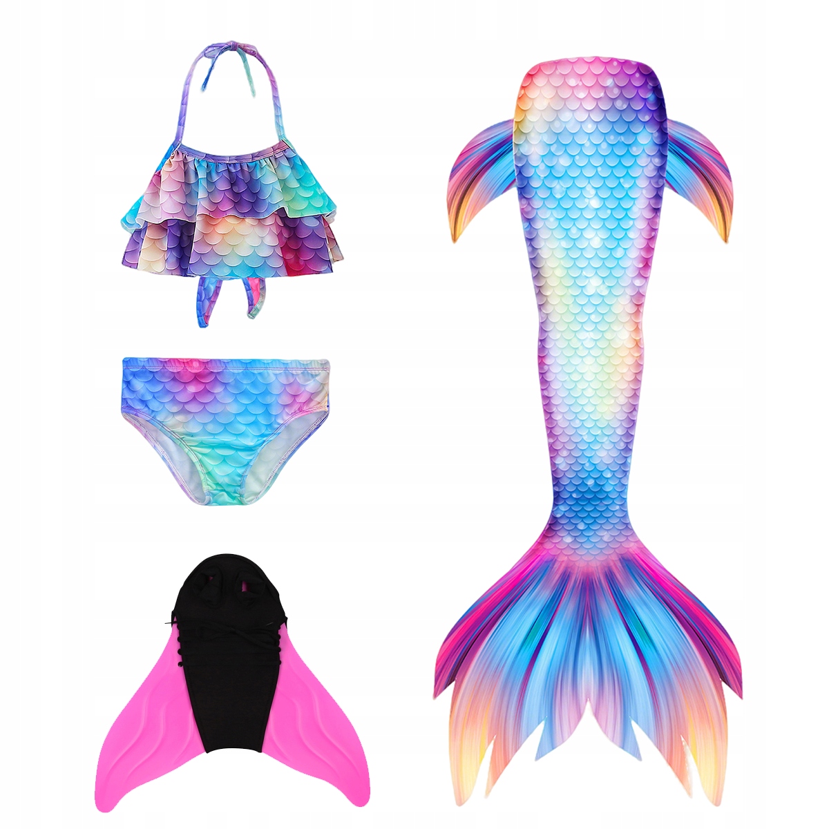 4w1 SYRENI OGON STRÓJ KĄPIELOWY SYRENKA KOSTIUM SYRENA ZESTAW 130 CM