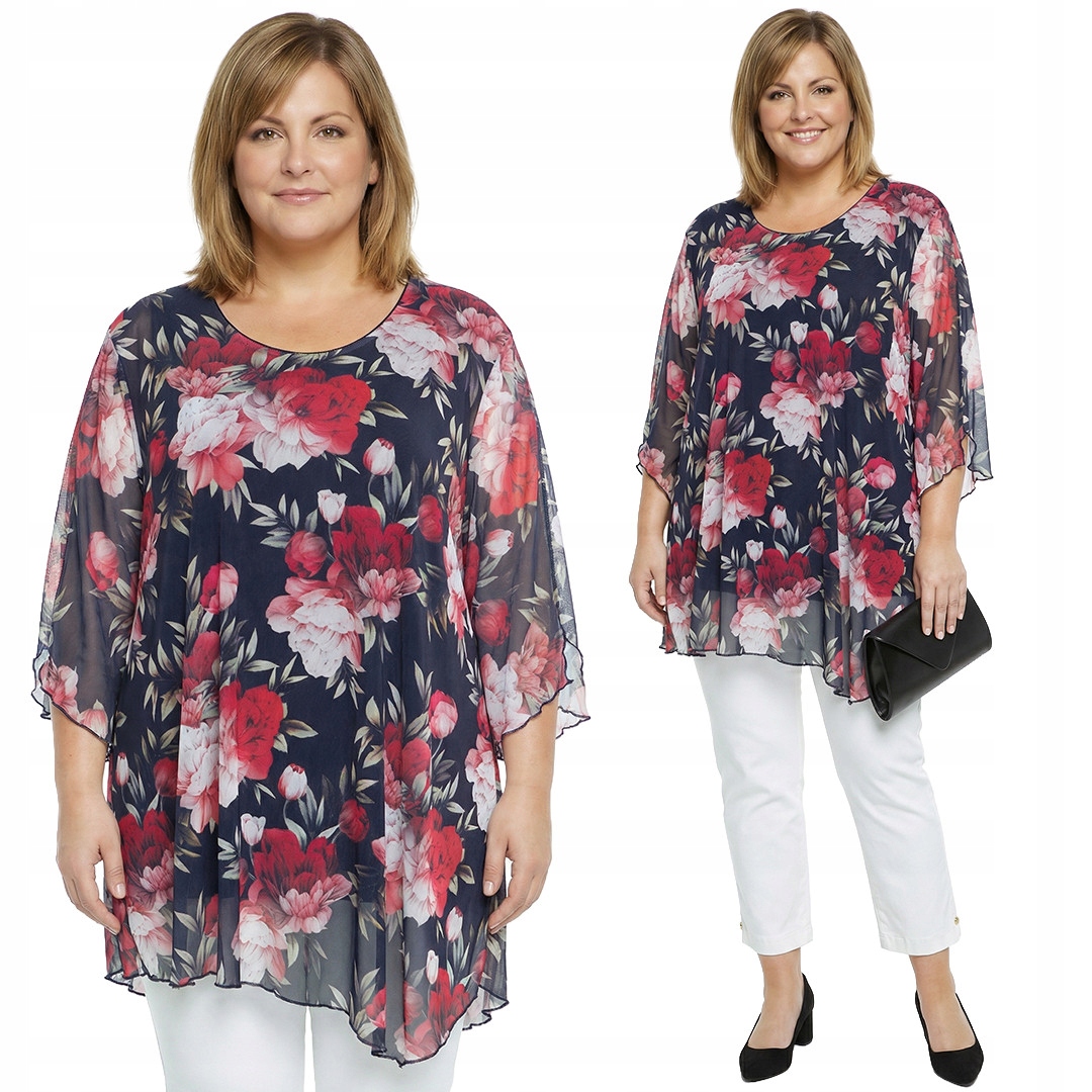 Tmavě modrá šifonová tunika s červenými květy plus size velikost 48/50
