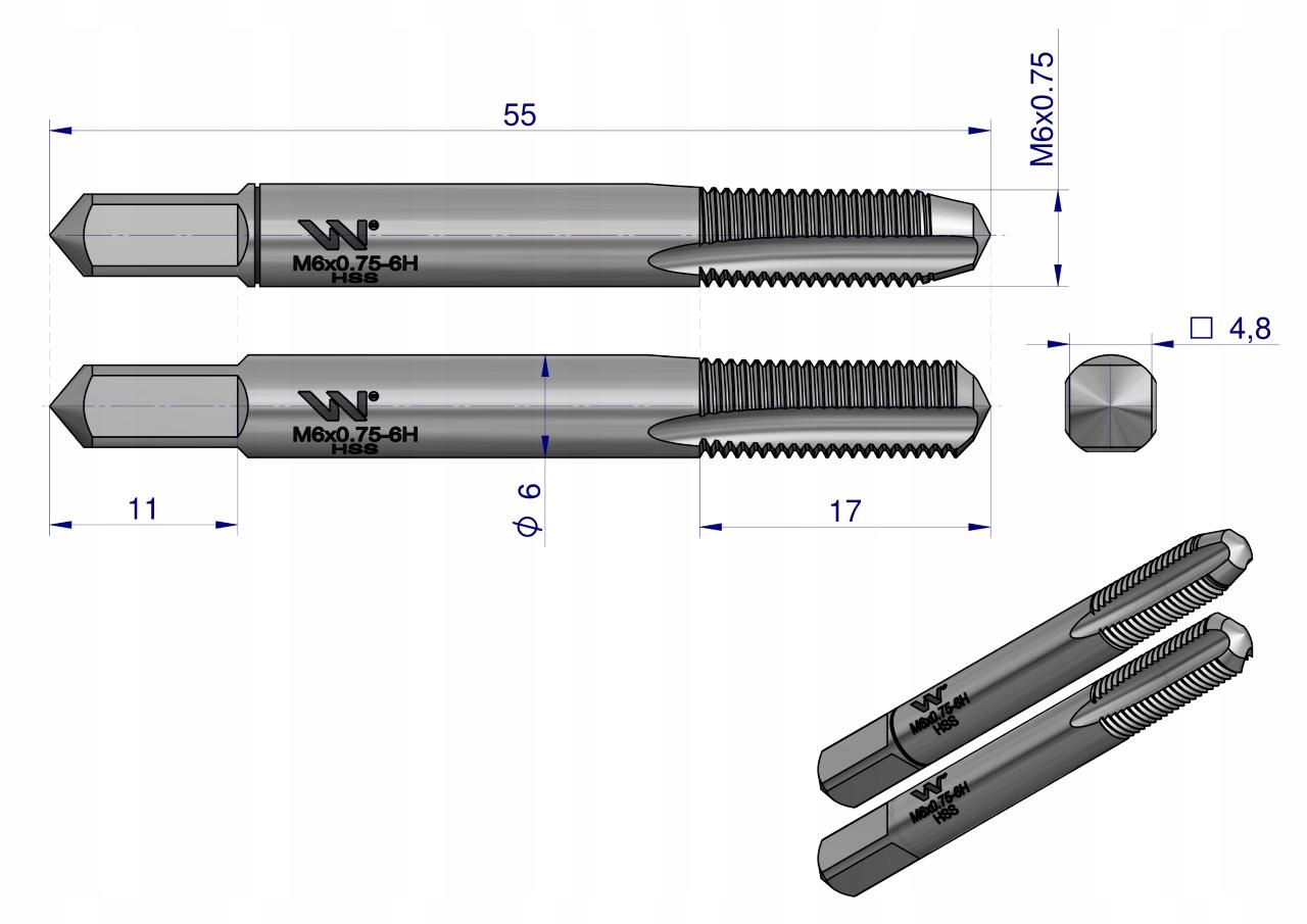 Gwintowniki komplet 2 szt do gwintu metrycznego drobnozwojnego DIN2181 M6X0 Marka Waryński