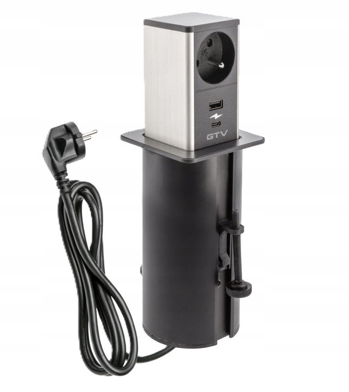 Przedłużacz biurkowy, gniazdo french, Usb A+c, 1.5m, czarny i inox Gtv
