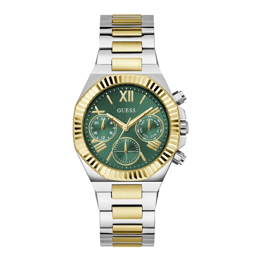 Guess Dámské hodinky GW0769L4 Stříbrno-zlatý řemínek Zelený ciferník 38 mm krabička