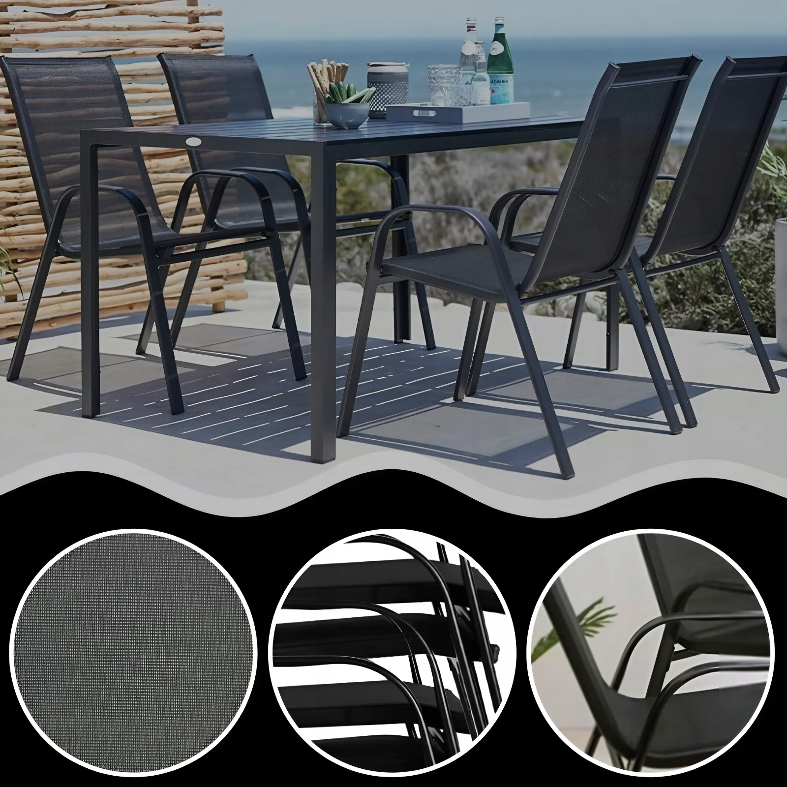 KRZESŁO OGRODOWE FOTEL DO OGRODU TARASU ZESTAW MEBLE OGRODOWE KRZESŁA Kolor czarny