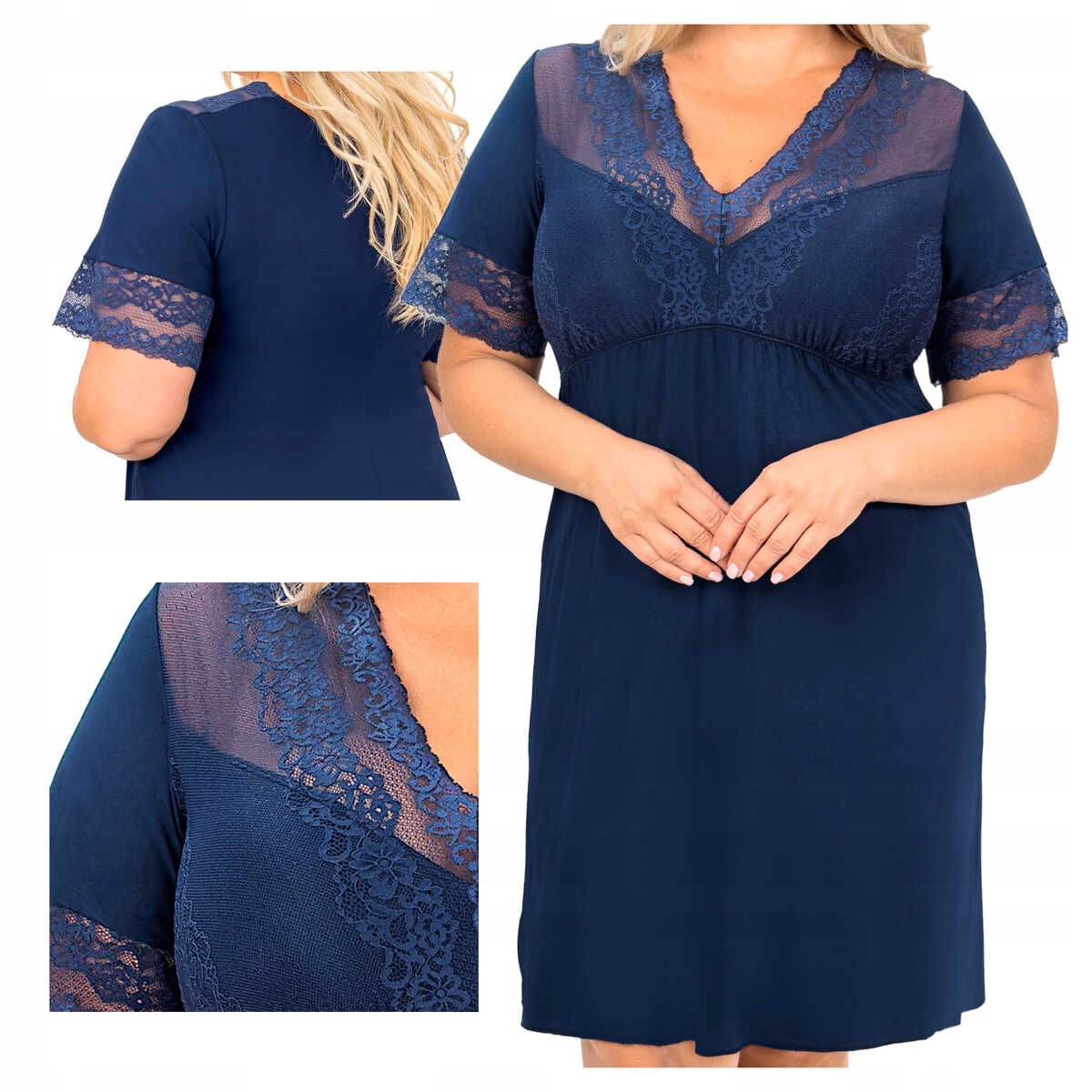 Donna Košile noční z viskózy s krátkým rukávem, krajka Linda námořnická modrá plus 3XL