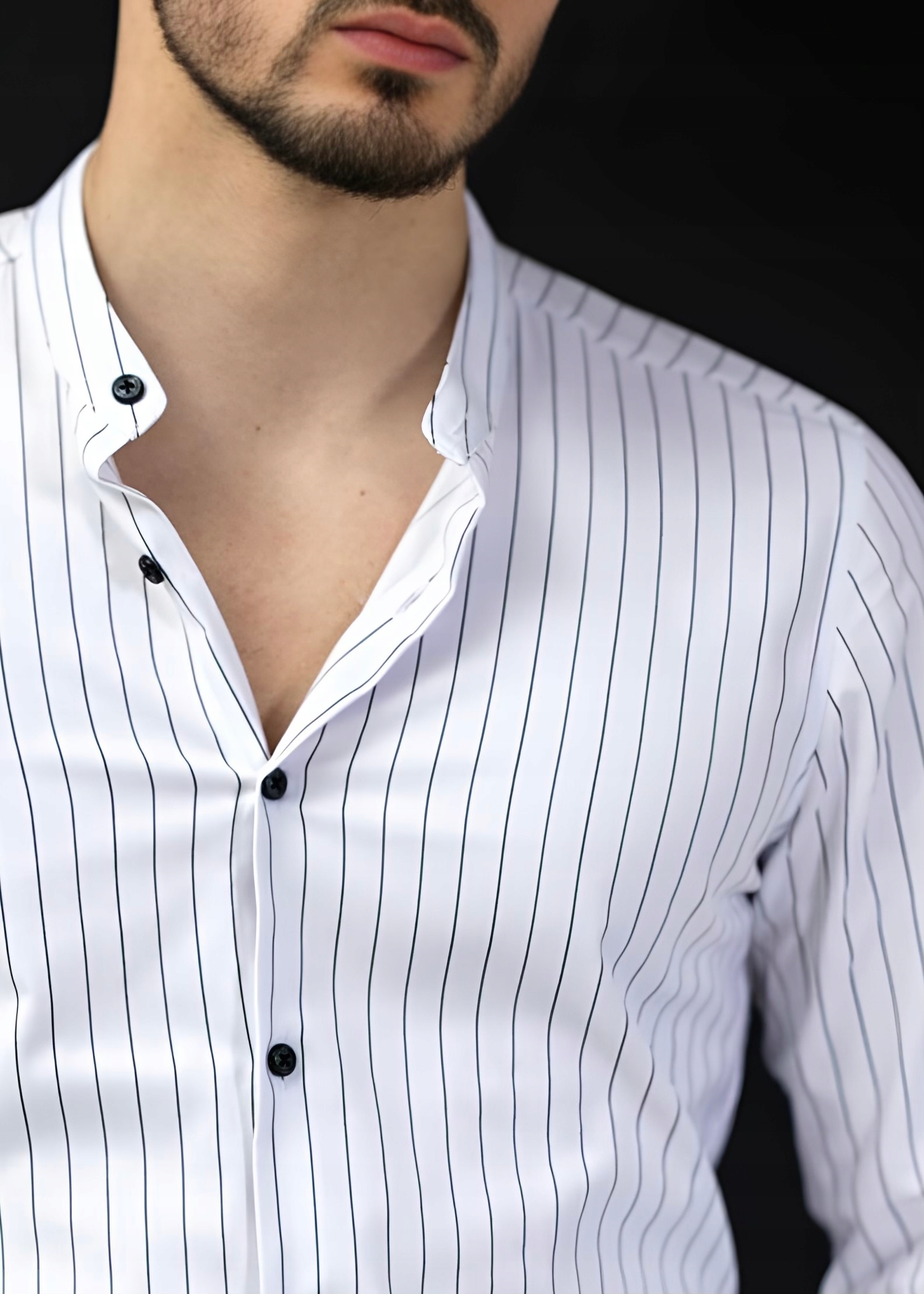 KOSZULA MĘSKA SLIM XL W PASKI BIAŁA ZE STÓJKĄ ELEGANCKA Wzór dominujący paski