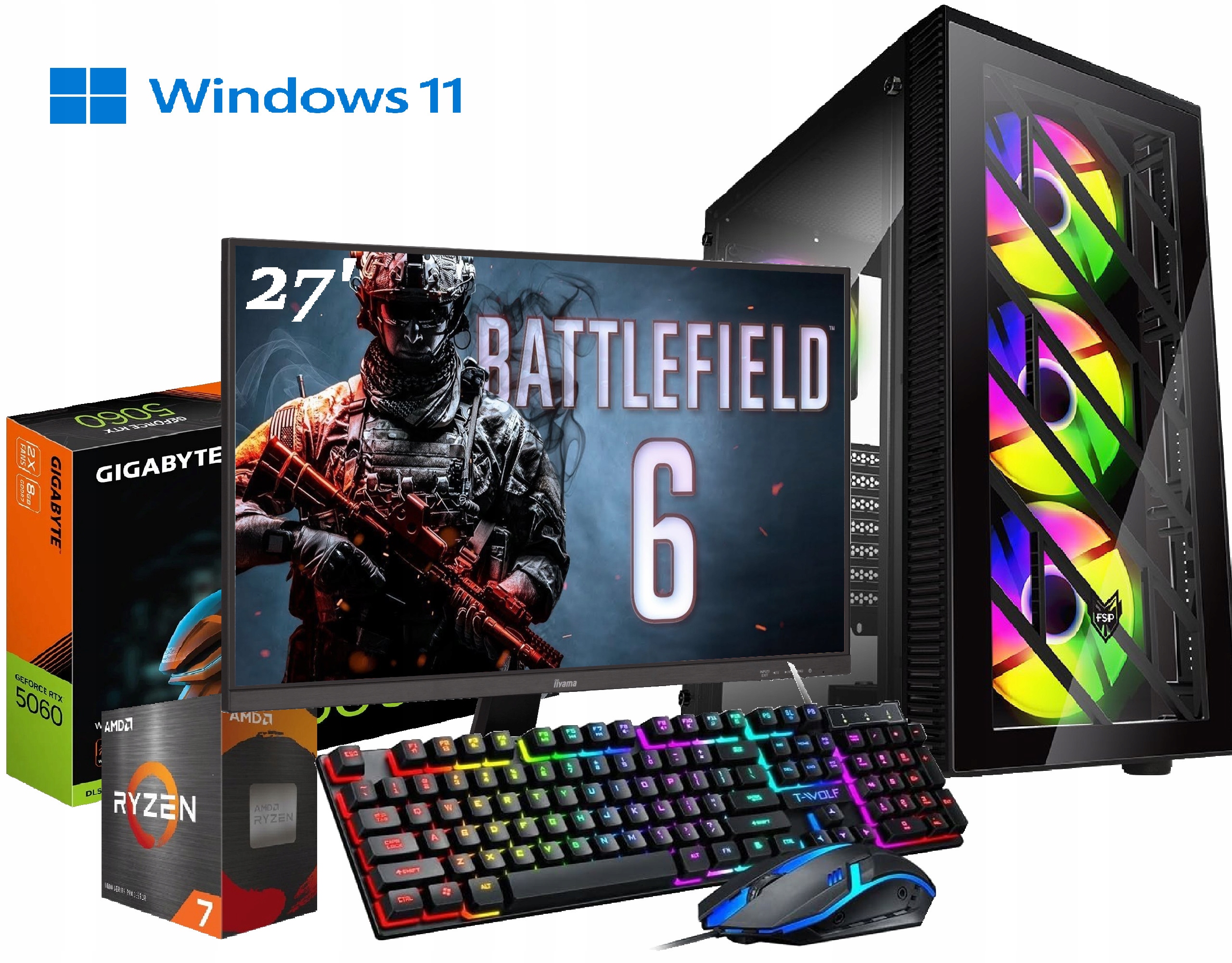 Herní sada Ryzen 7 Rtx 5060 8GB, 16GB DDR4 480GB M2 WIN11 Monitor 27'