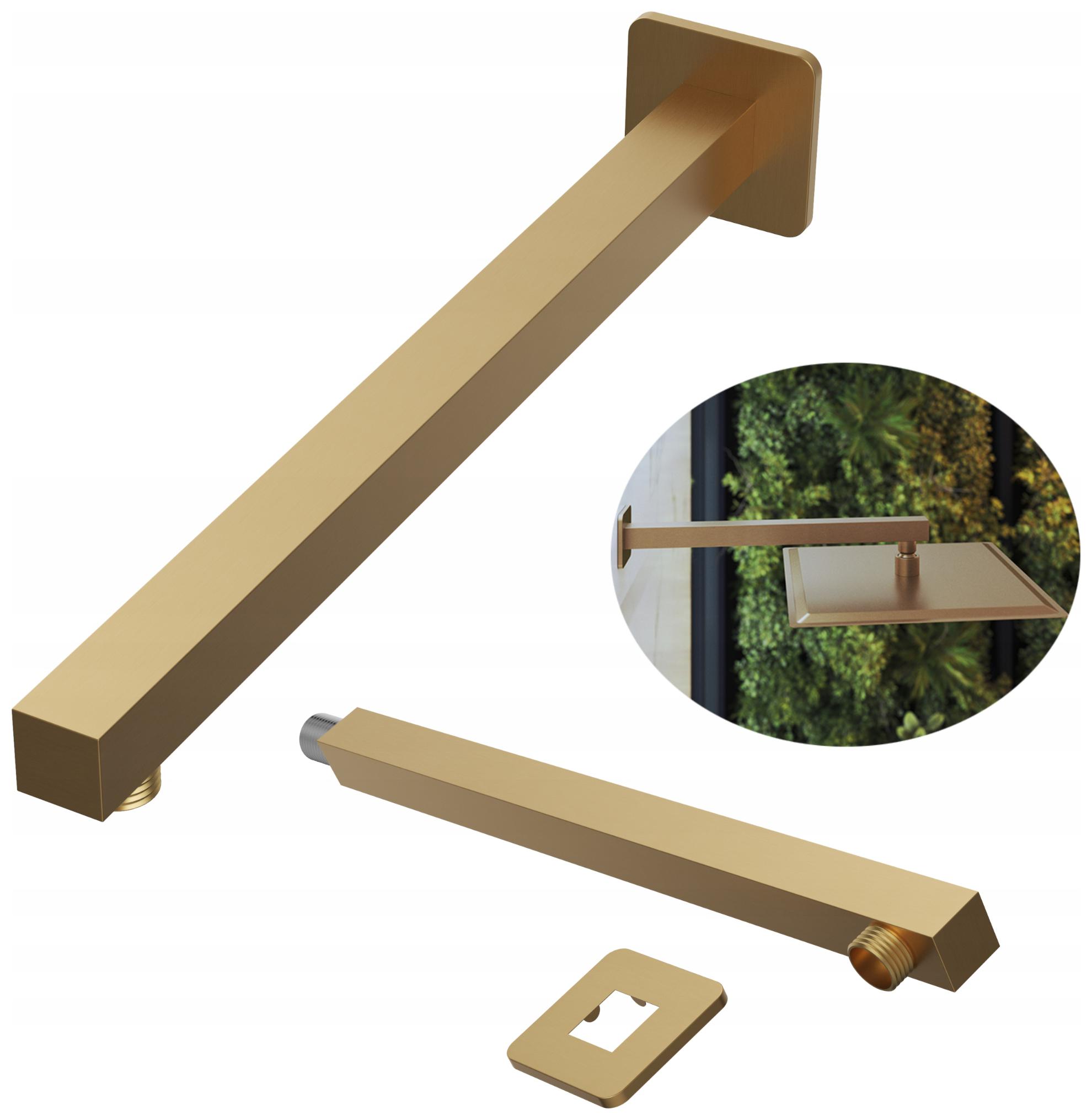 Čtvercové rameno dešťové sprchy, trubka pro nástěnnou sprchu, kartáčované zlato, držák