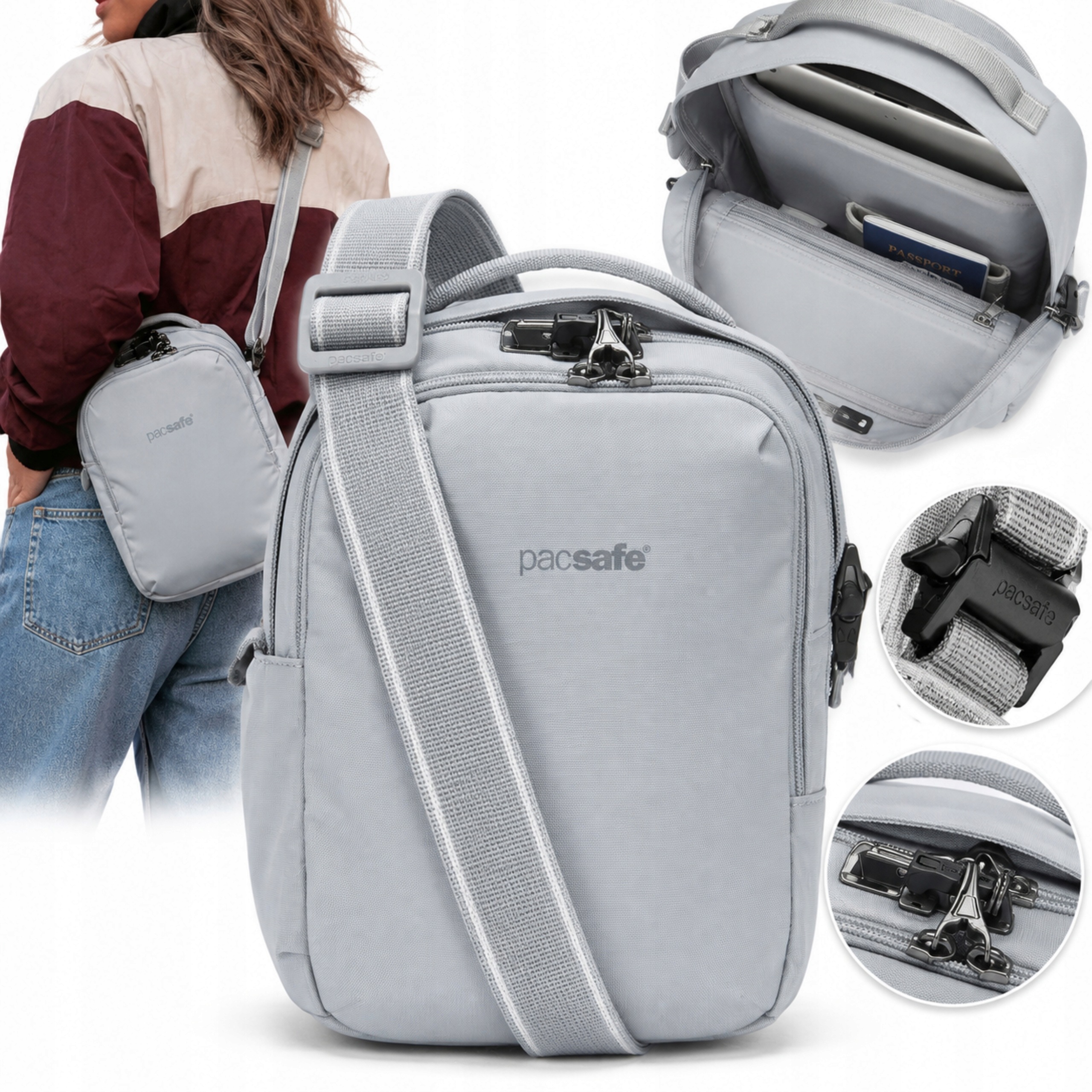 Taška Přes Rameno Pacsafe V Rfid Šedá Proti Krádeži Městská Eko Crossbody