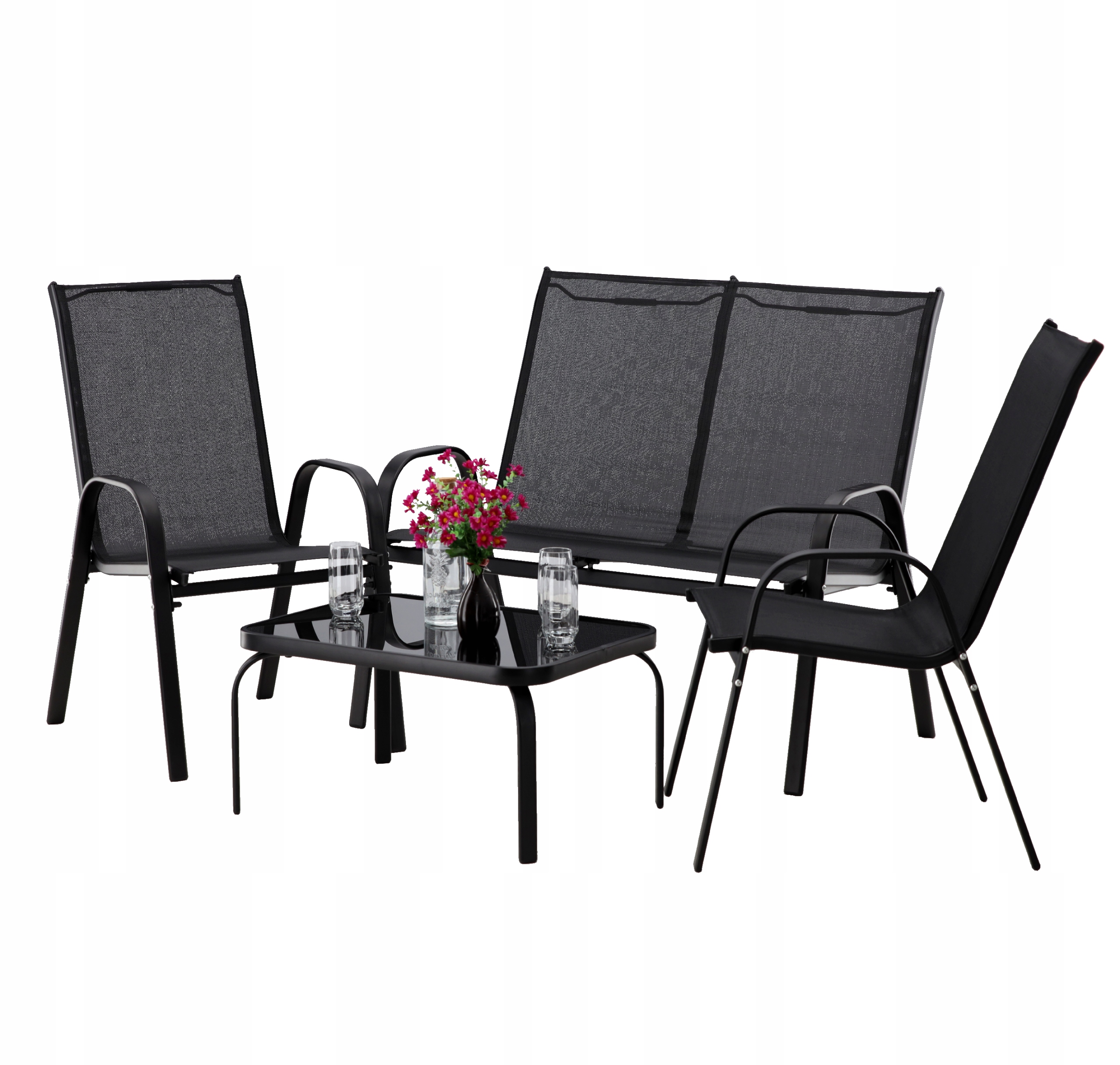 Set Záhradného Nábytku Stolík 2 x Stolička Pohovka Čierna Na Balkon Terasu