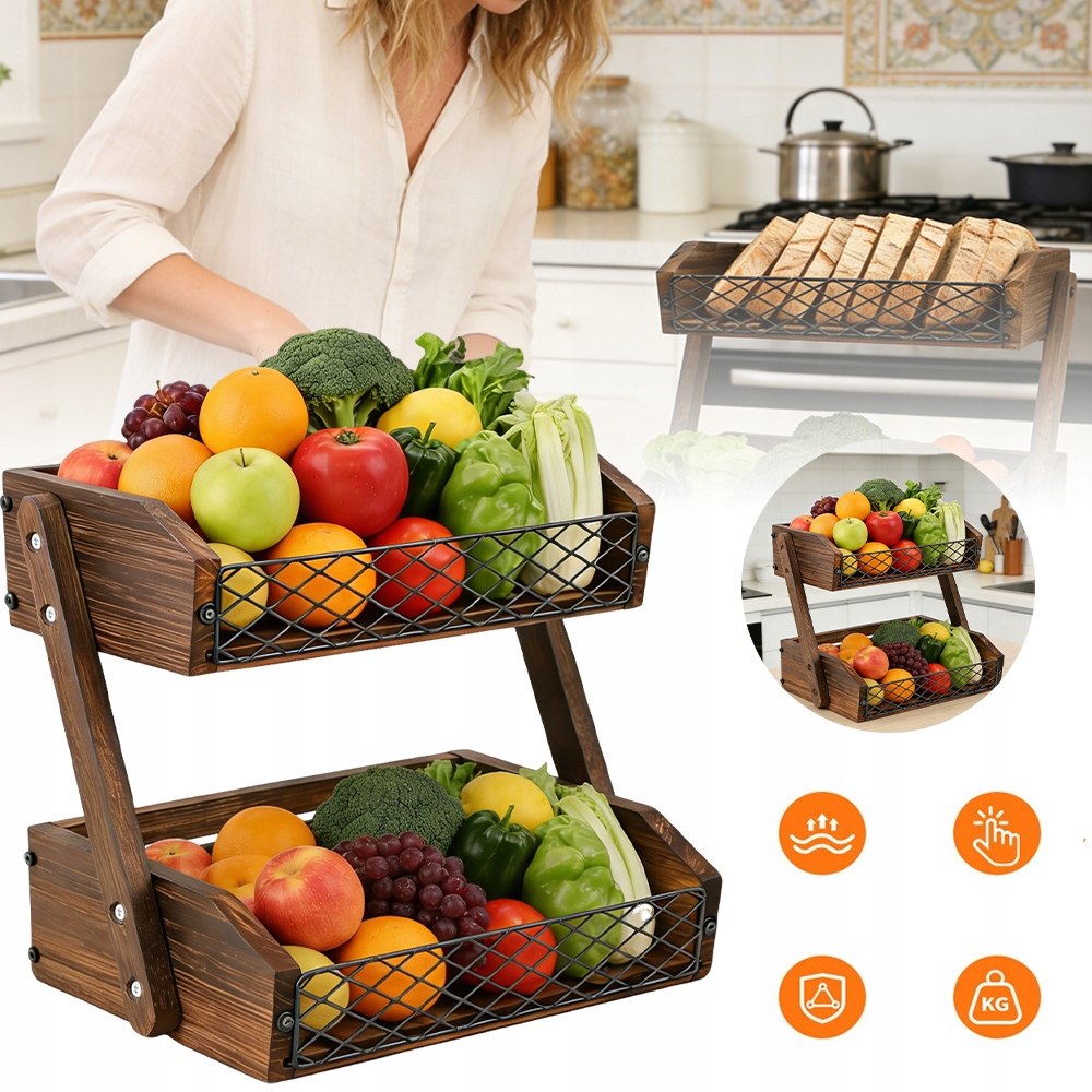 Úložný Koš 2-ÚROVŇOVÝ, Dřevo-kov, Hnědý, Kuchyňský, Prolamovaný