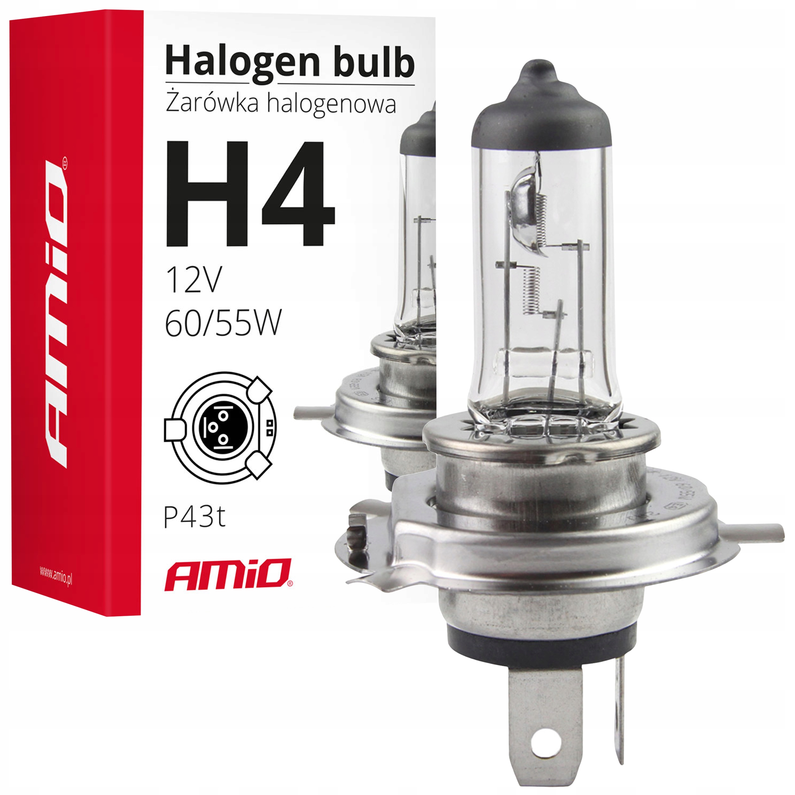 Żarówka halogenowa H4 12V 55W filtr Uv E4 żarówki AMiO 1 sztuka