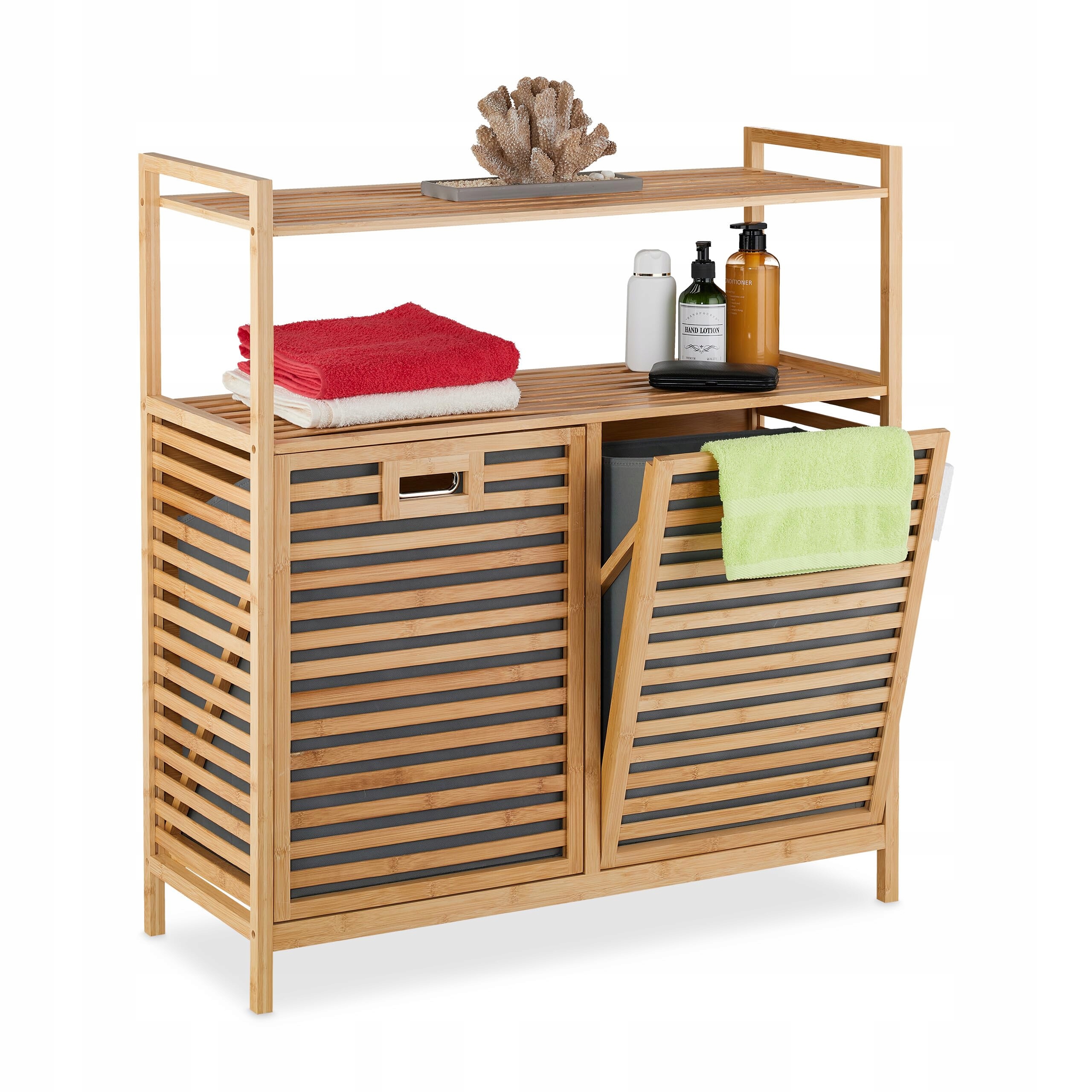 Relaxdays Košík na bielizeň 2 x 40 l, bambus, prírodný, 95 x 88 x 33 cm