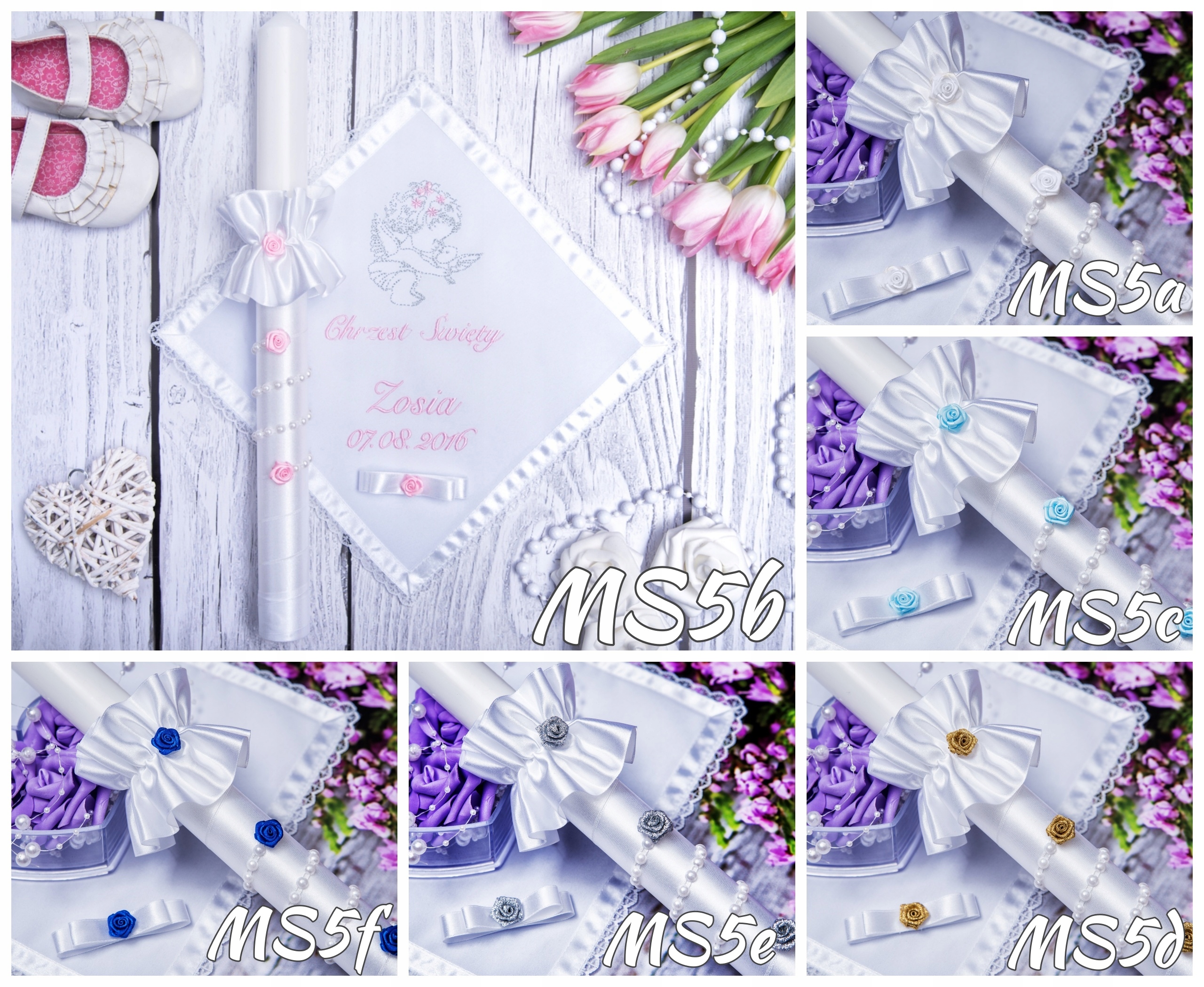 Świeca na Chrzest biała Szatka do chrztu komplet dla dziewczynki chłopca MS Odcień srebrny