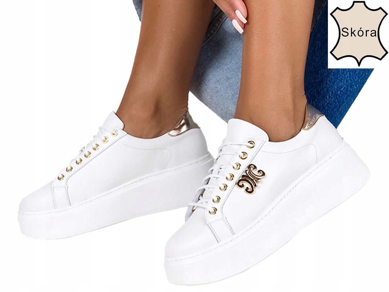 Półbuty Damskie Skórzane Sneakersy Z Ozdobą New 36