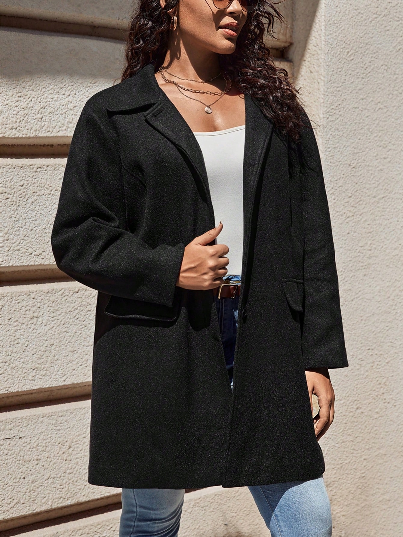 Dámský Jednořadý Kabát S Klopami, Černý, Casual Emery Rose 4XL 48