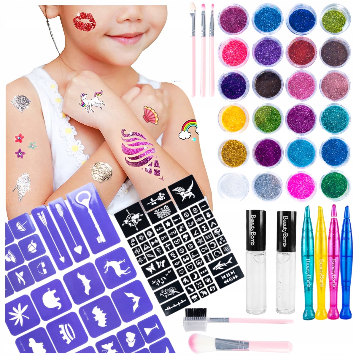 TATUAŻE DUŻY ZESTAW DO ROBIENIA TATUAŻY SZABLONY BROKATY WZORY KOLORY